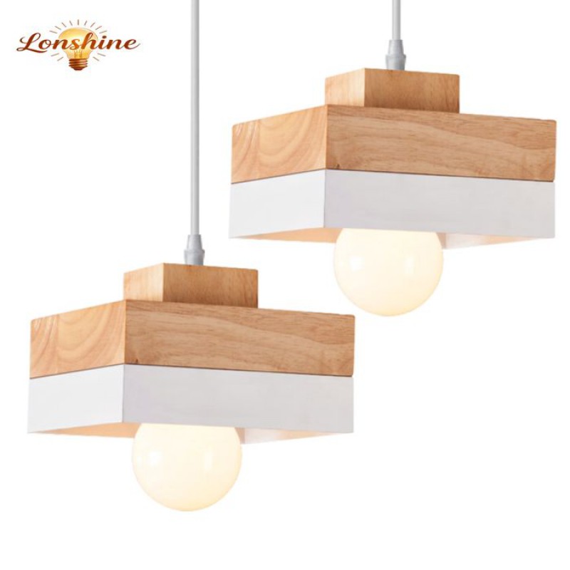 Lonshine 2er-set Moderne Quadratische Pendelleuchte Mit Weißem Holz- Und Metallschirm, E27-glühbirne, Kronleuchter Für Schlafzimmer Oder Wohnzimmer