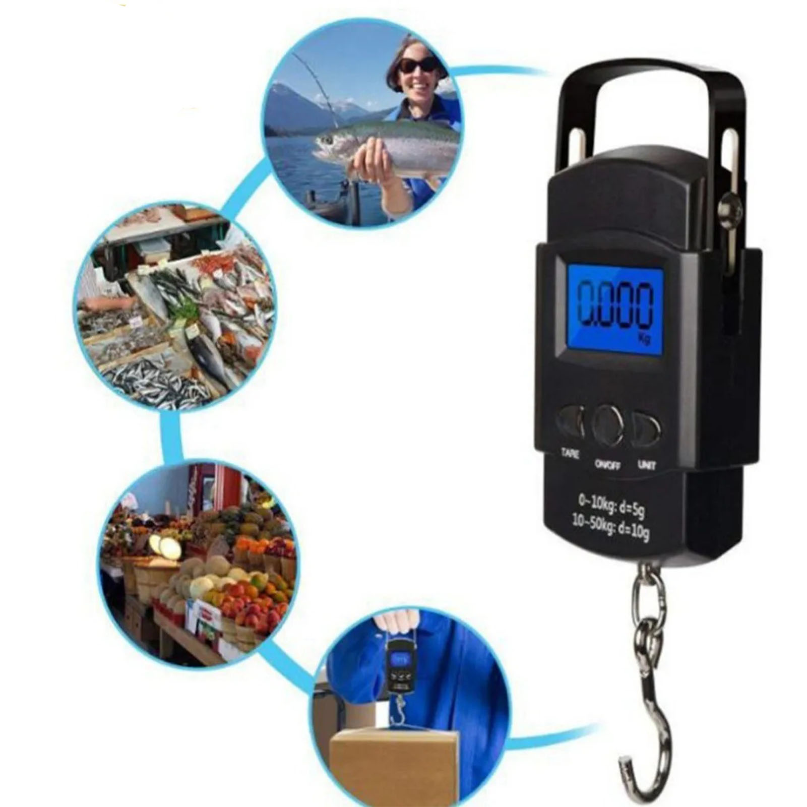 Kompakte, Tragbare Angelwaage Mit Übersichtlichem Display, Gehäuse Aus Abs Und Edelstahl, Praktisches Etui Für Das Angeln Im Freien Und In Innenräumen (englische Version Mit Maßband), 50 Kg/10 G