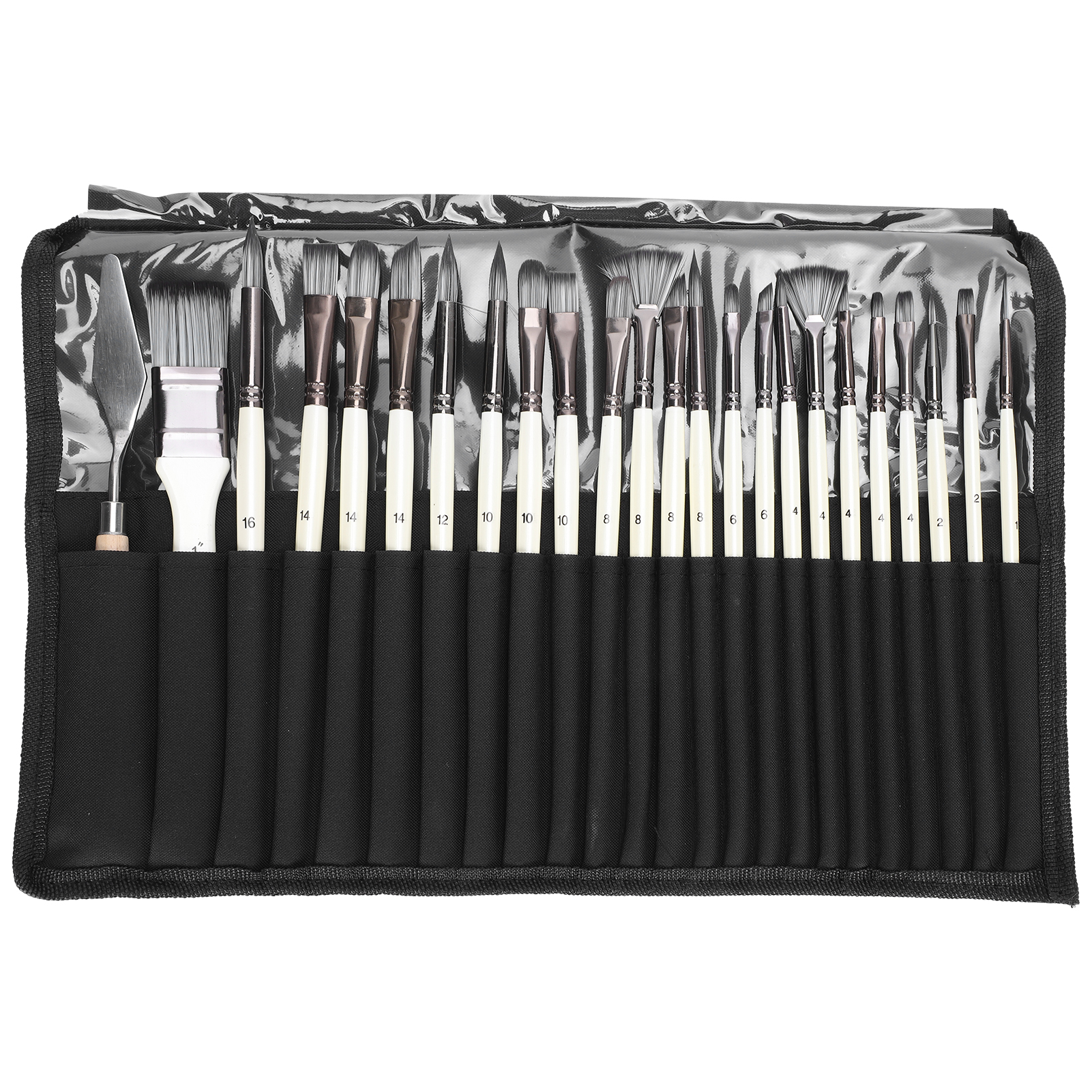 24 Nylon- Und Wollpinsel, Holzgriffe Mit Tasche, Perlmuttweiß, Für Acryl- Und Aquarellfarben