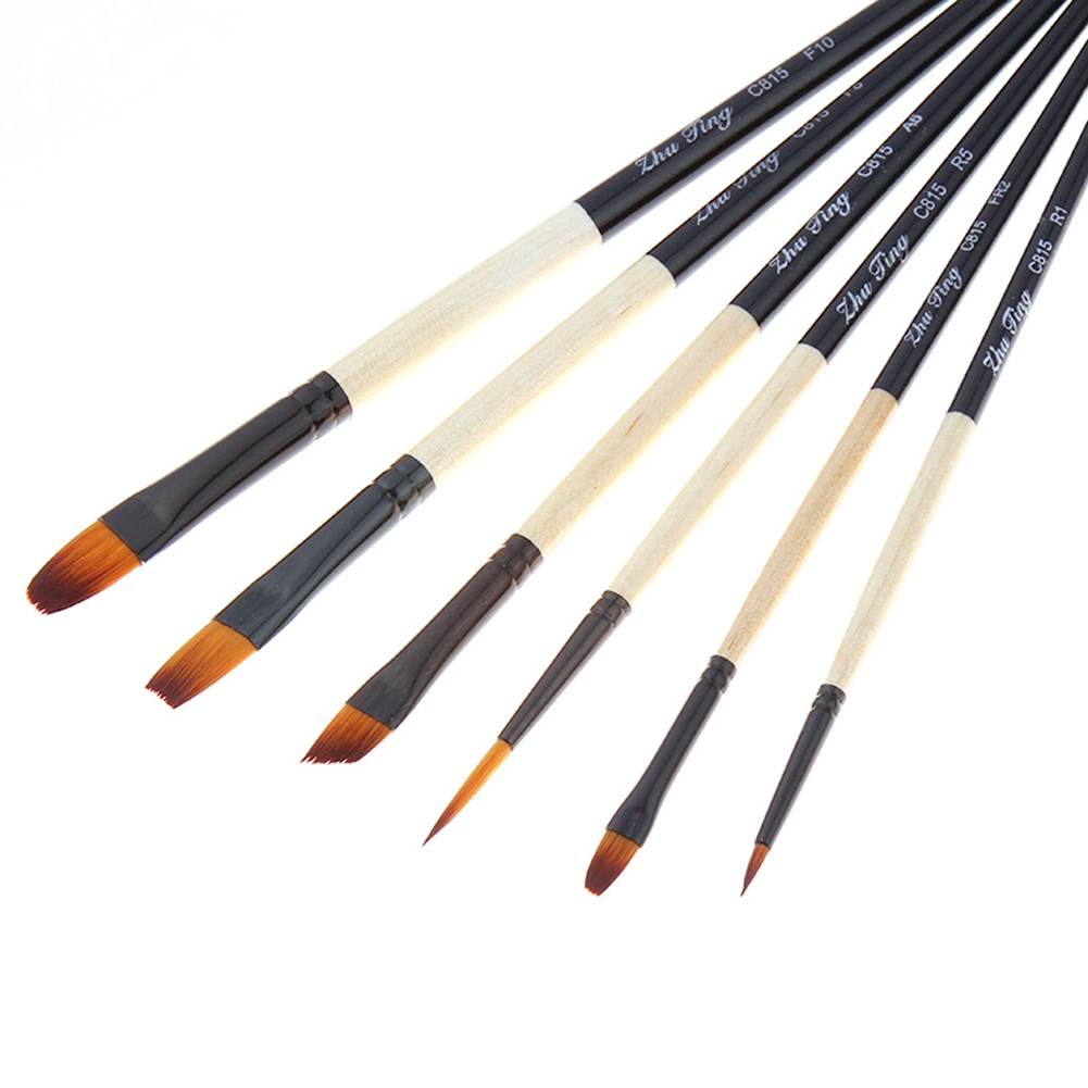 Set Mit 6 Pinseln, Holzgriffe, Nylonborsten, Für Gouache, Aquarell Und Öl