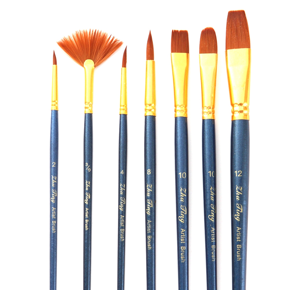 Set Mit 7 Nylon-gouachepinseln Mit Dunkelblauen Holzgriffen, Für Ölmalerei Und Künstlerbedarf