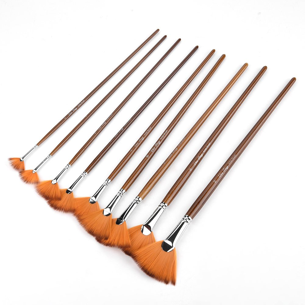 Fächerpinsel, 9 Stück, Braune Nylonborsten, Aluminiumhülse, Zeichenwerkzeug