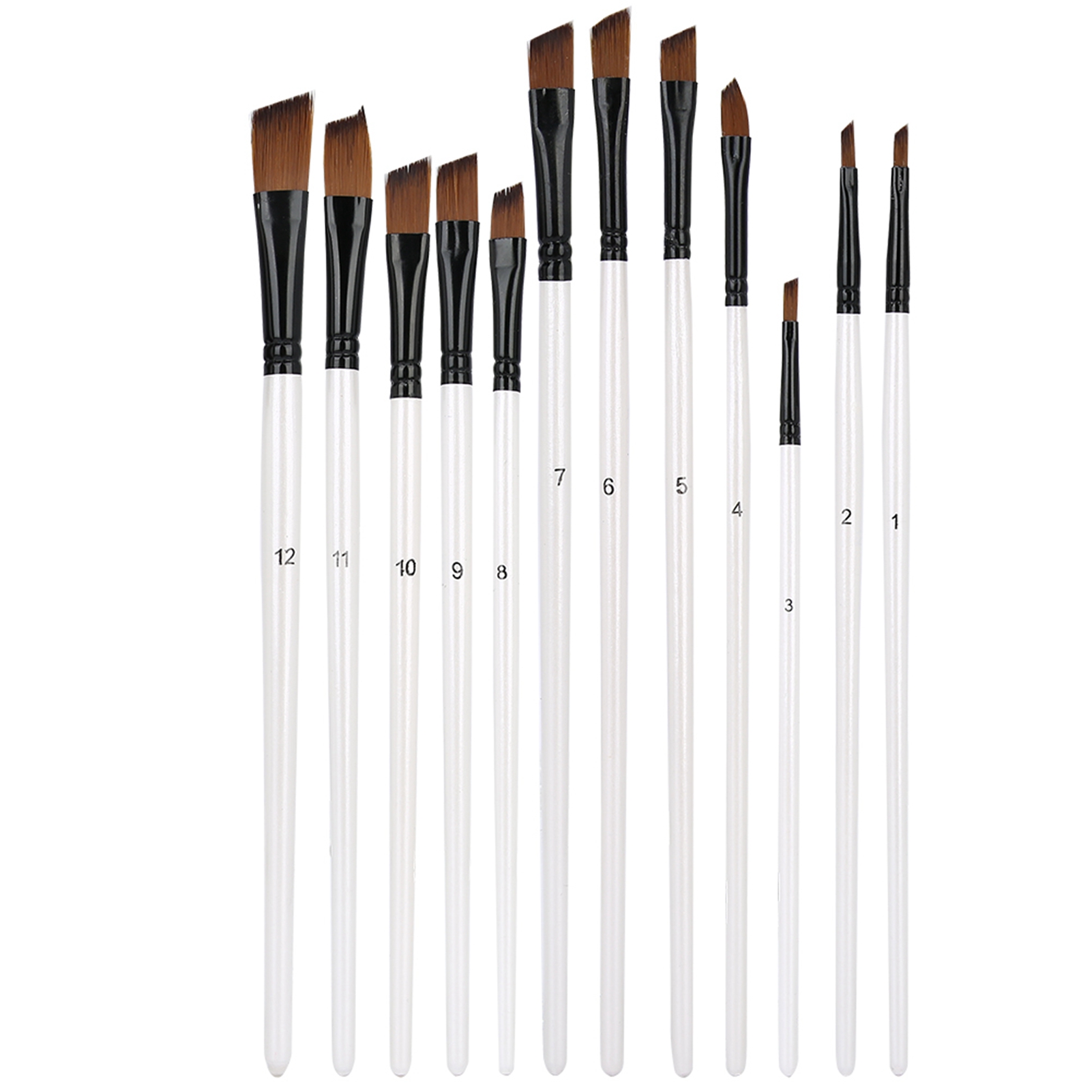 Set Mit 12 Nylonpinseln, Perlmuttweißen Holzgriffen, Verschiedenen Formen Für Öl- Und Acrylfarben, Zeichenzubehör, Abgewinkelten Köpfen