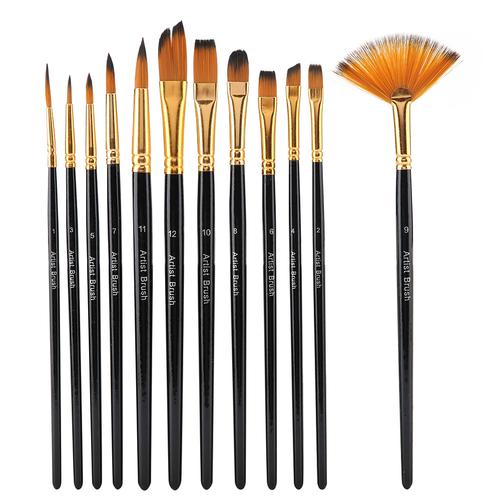 12-teiliges Schwarzes Holz-nylon-pinselset Für Aquarell-bastelarbeiten