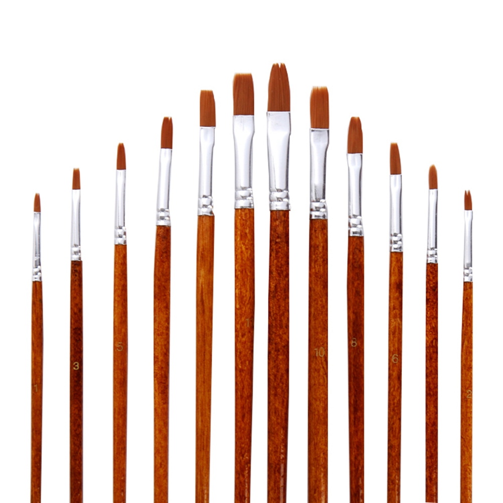 Set Mit 12 Pinseln Mit Holzgriffen Und Nylonborsten, Für Gouache-, Aquarell- Und Ölmalerei, Künstlerwerkzeug