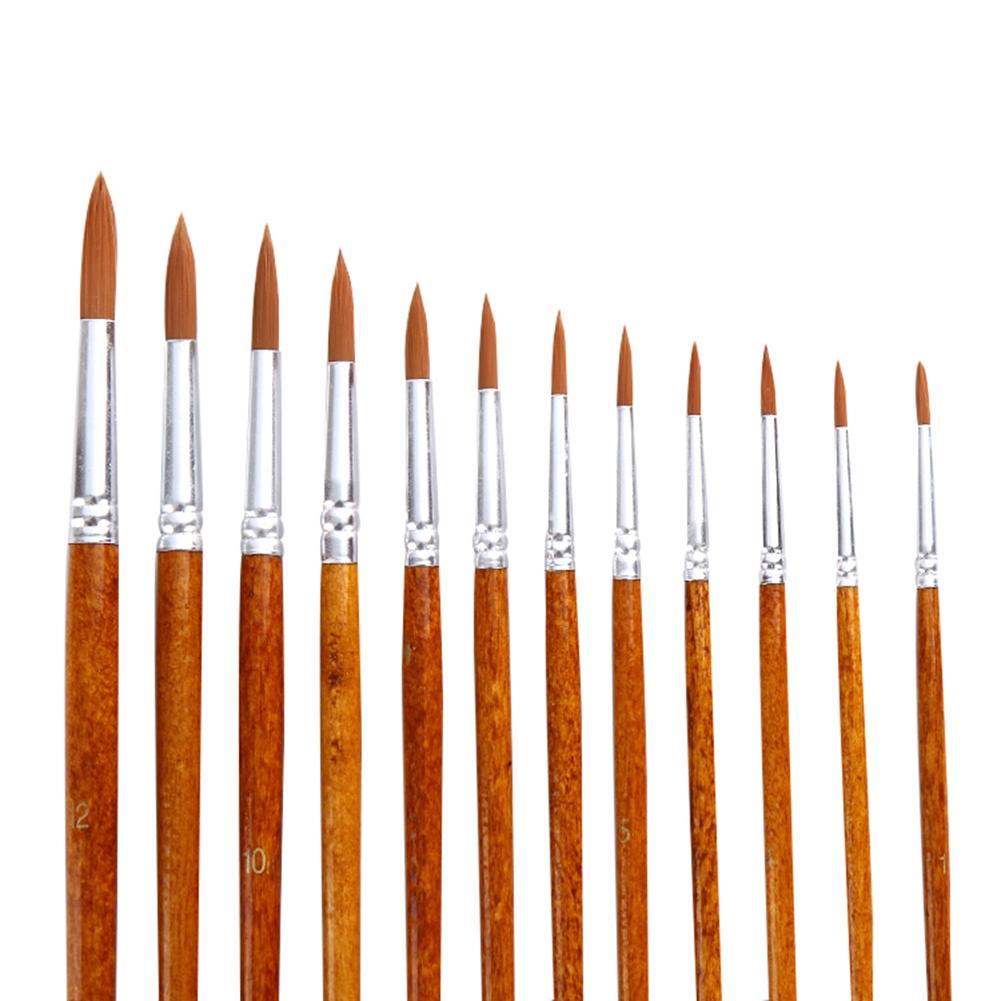 Set Mit 12 Gouachepinseln, Holzgriff, Nylonborsten, Für Aquarell- Und Ölmalerei, Präzisionspinselset
