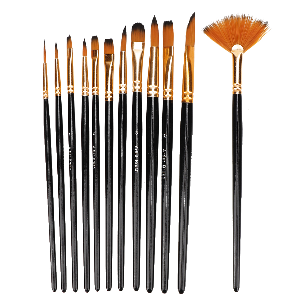 Set Mit 12 Aquarellpinseln, Schwarzes Nylon, Erstklassige Qualität, Zum Zeichnen Und Malen