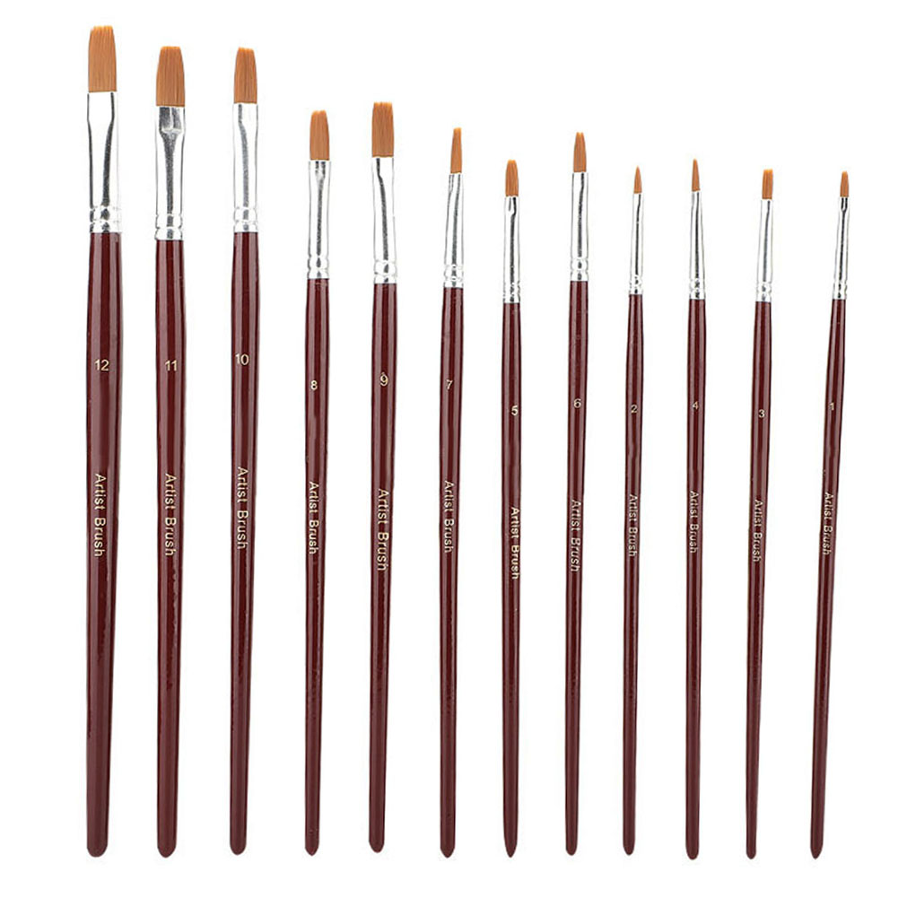 Set Mit 12 Flachen Pinseln Zum Malen, Bordeauxrotes Nylon, Künstlerisches Zeichnen