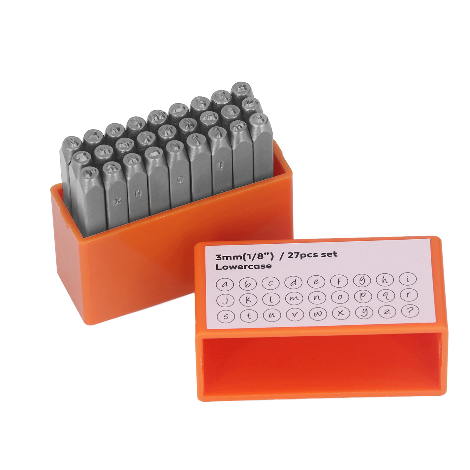Set Mit 27 Orangefarbenen Metallstempeln Aus Kohlenstoffstahl, Kleinbuchstaben Für Schmuck Und Leder, Inklusive Box