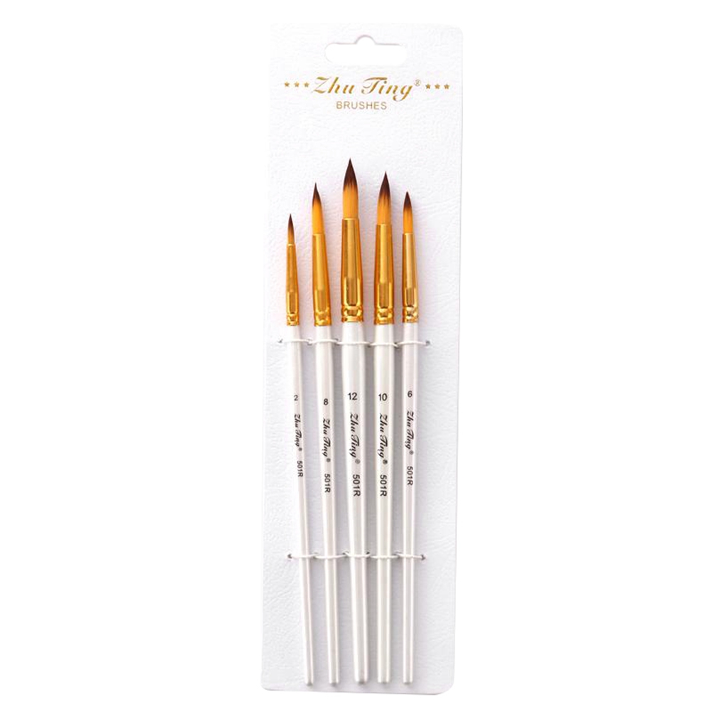 Set Mit 5 Professionellen Künstlerpinseln Für Aquarell-, Acryl- Und Ölmalerei, Weiße, Runde Spitzen