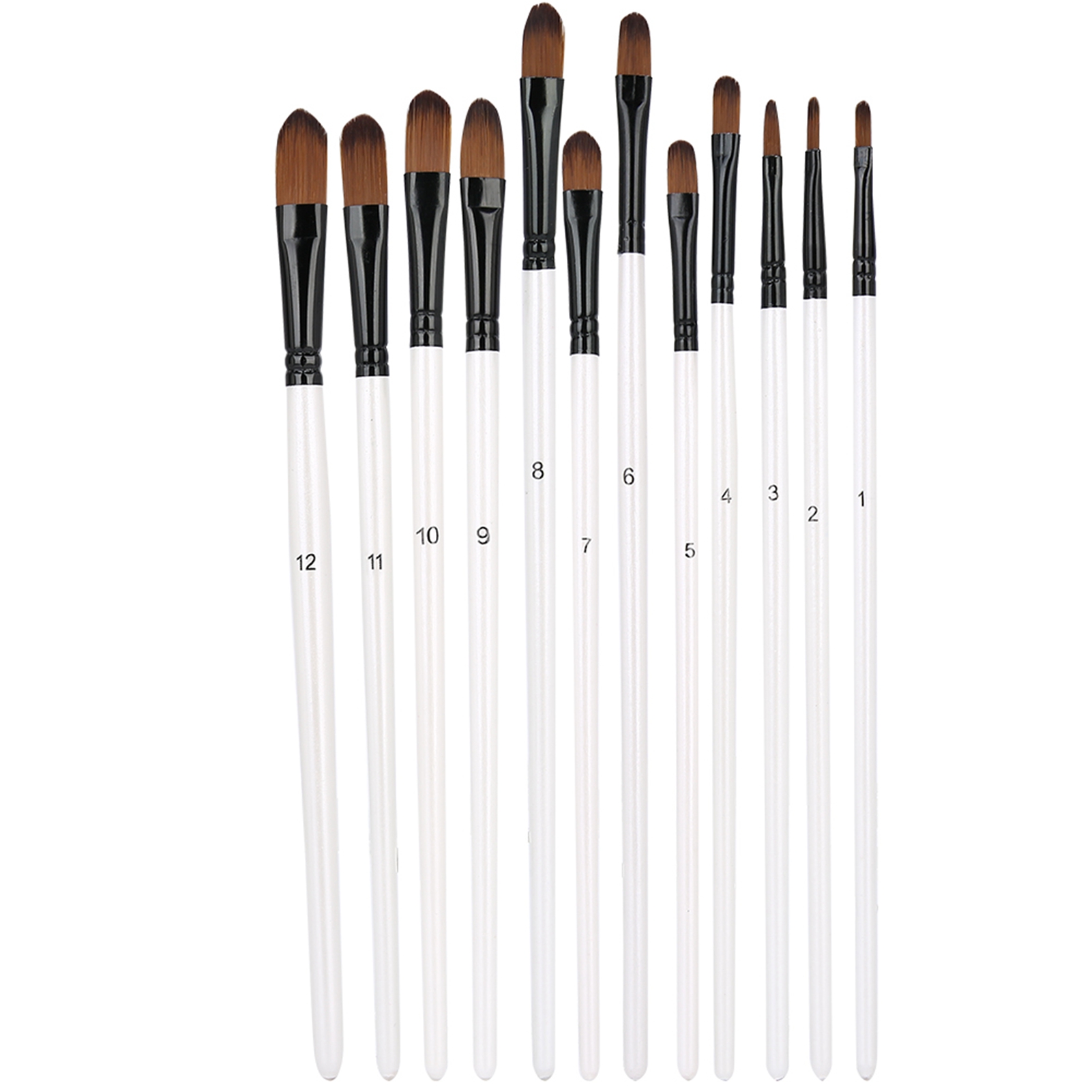 Set Mit 12 Nylonpinseln Zum Malen, Weiße, Perlmuttartige Holzgriffe, Verschiedene Formen, Für Acryl- Und Ölfarben, Runde Und Flache Köpfe
