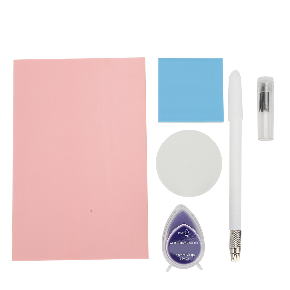 Gravur-set Für Anfänger: Wassertropfenförmiger Gummistempel, Stempelkissen, Schnitzmesser, Ersatzklingen, Weiß