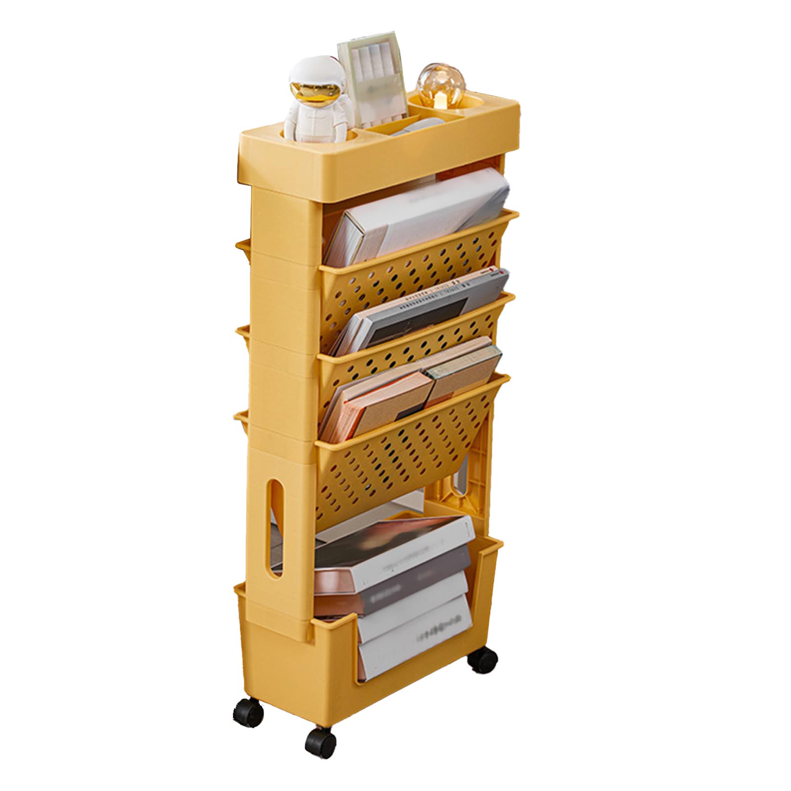 Großes, Mobiles Bücherregal Mit Mehreren Ablagen Und 4 Universalrollen Für Büro, Schule Und Zuhause, Orange