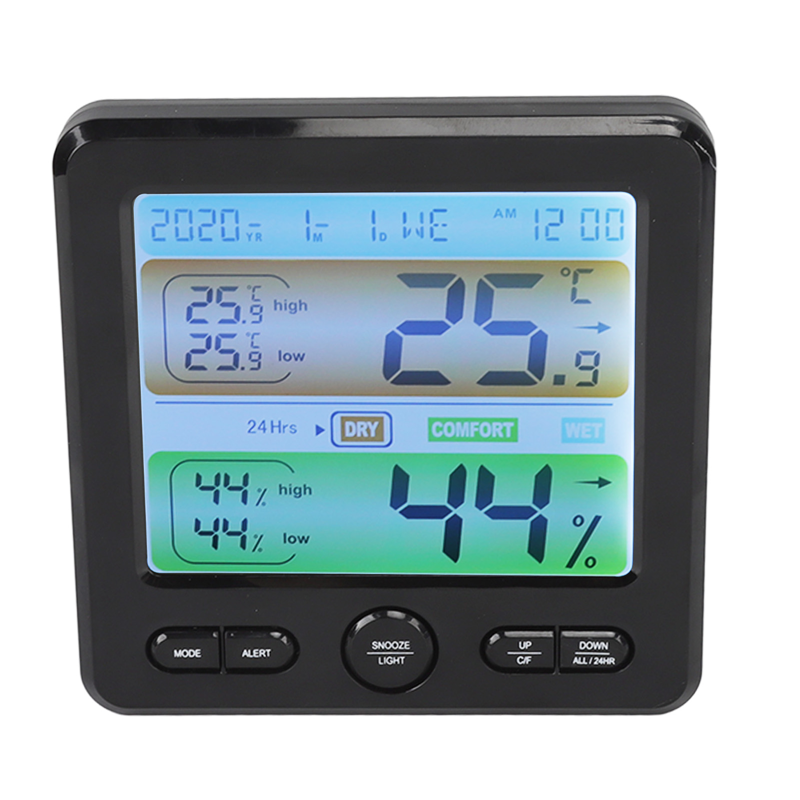Digitales Innenthermometer Mit Farbdisplay, Wecker, Temperatur- Und Luftfeuchtigkeitsanzeige, Nachttischuhr Für Zuhause, Schwarz