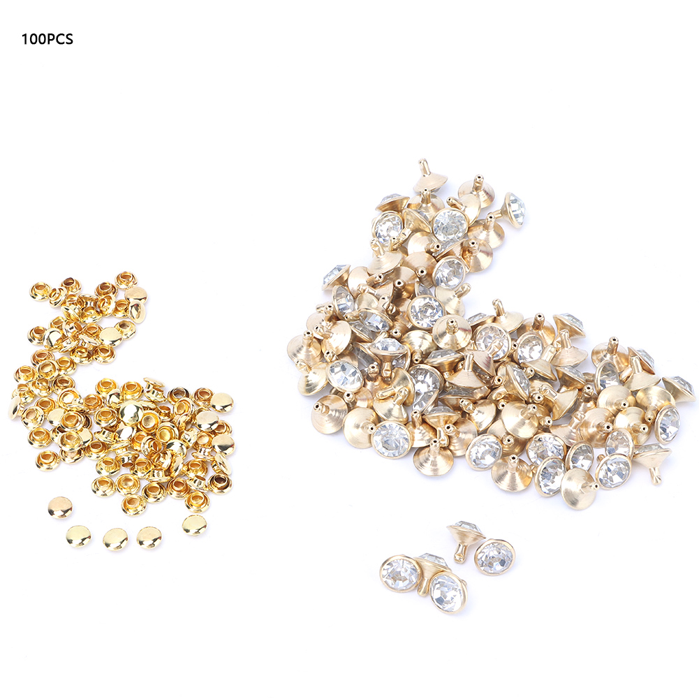 100 Stück 10 Mm Strass-metallnieten Mit Zierstiften (goldrand + Weißer Kristall)