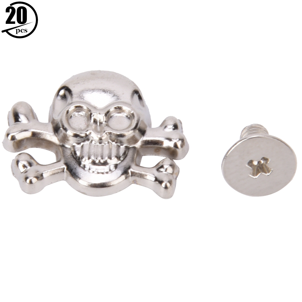 Set Mit 20 Punk-nieten, 15 Mm Totenkopf Mit Knochen, Gotische Gepäckornamente, Silberner Totenkopf