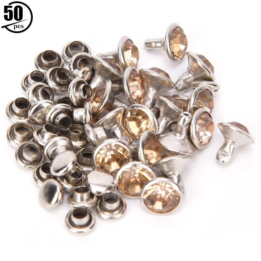 Set Mit 50 Strassnieten Für Leder, Taschen Und Kleidung, 8 Mm Verzierung, Silberner Rand, Gelber Diamant