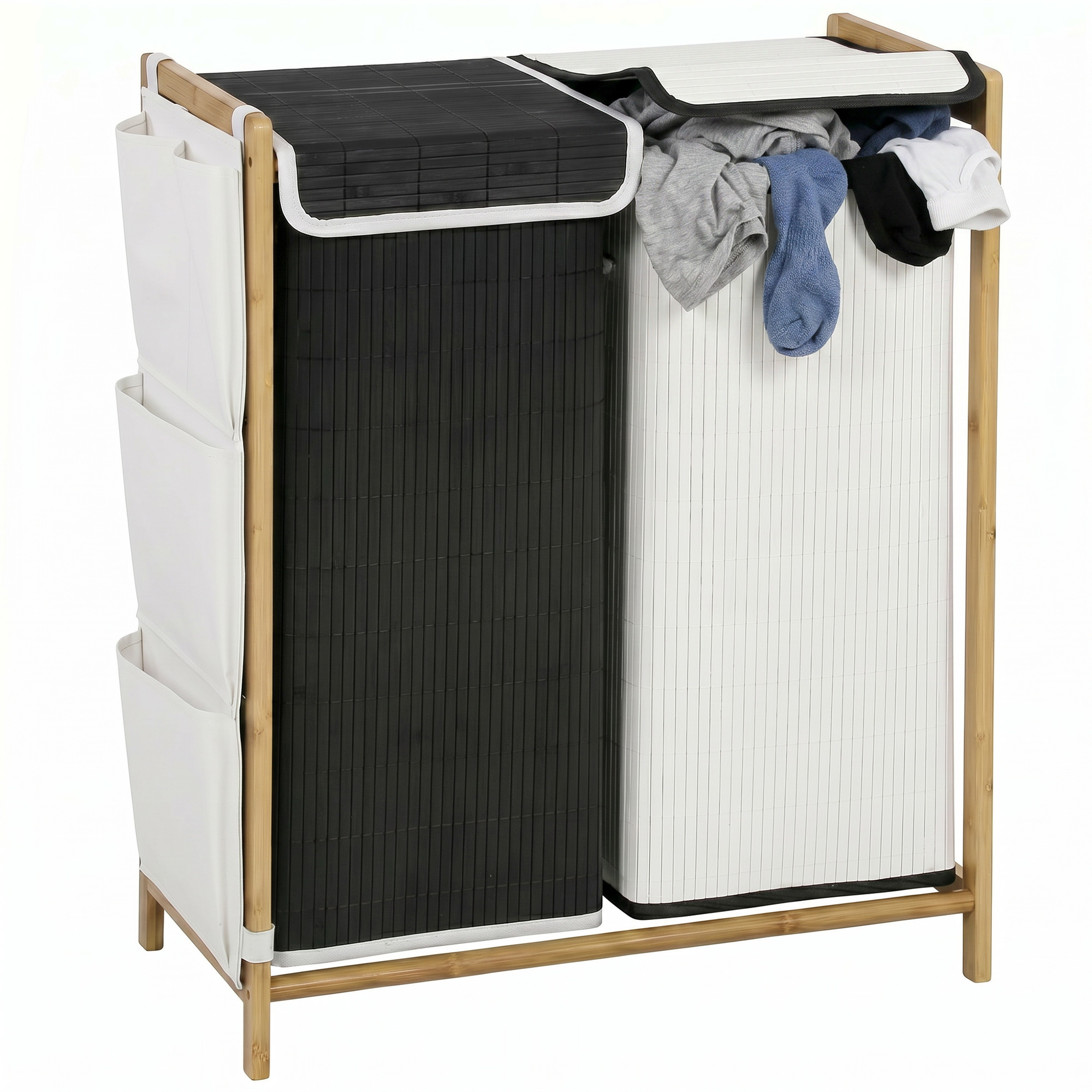 Wäschekorb Mit 2 Fächern (120 L), Deckeln, Seitentaschen Und Herausnehmbaren Beuteln Fürs Schlafzimmer