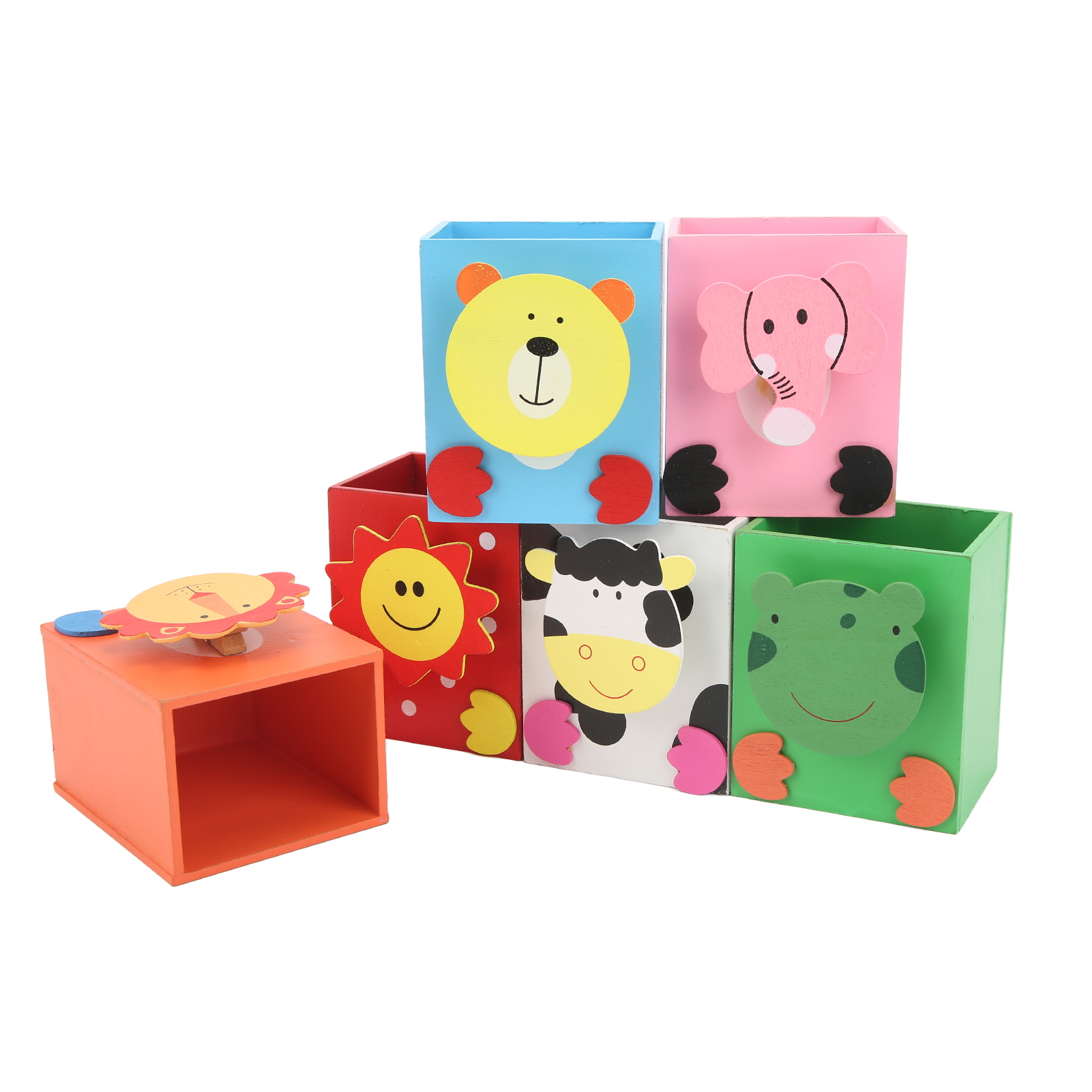 Set Mit 6 Niedlichen Und Farbenfrohen Stiftehaltern Aus Holz Mit Nachrichtenclips, Schulbedarf, Schreibtisch-organizer