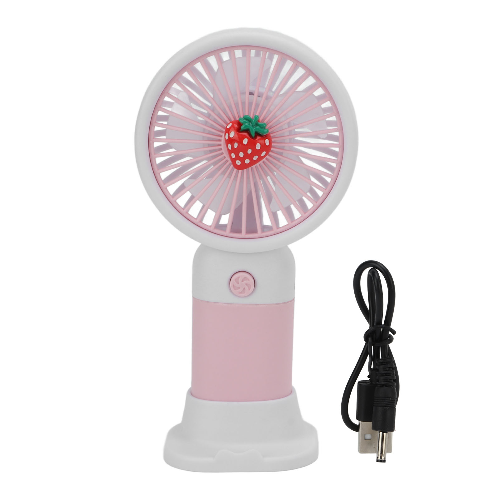 Tragbarer, Wiederaufladbarer Usb-ventilator Im Erdbeer-design Mit Integriertem Ladegerät Und Kabel – Ideal Für Frauen Und Reisen.