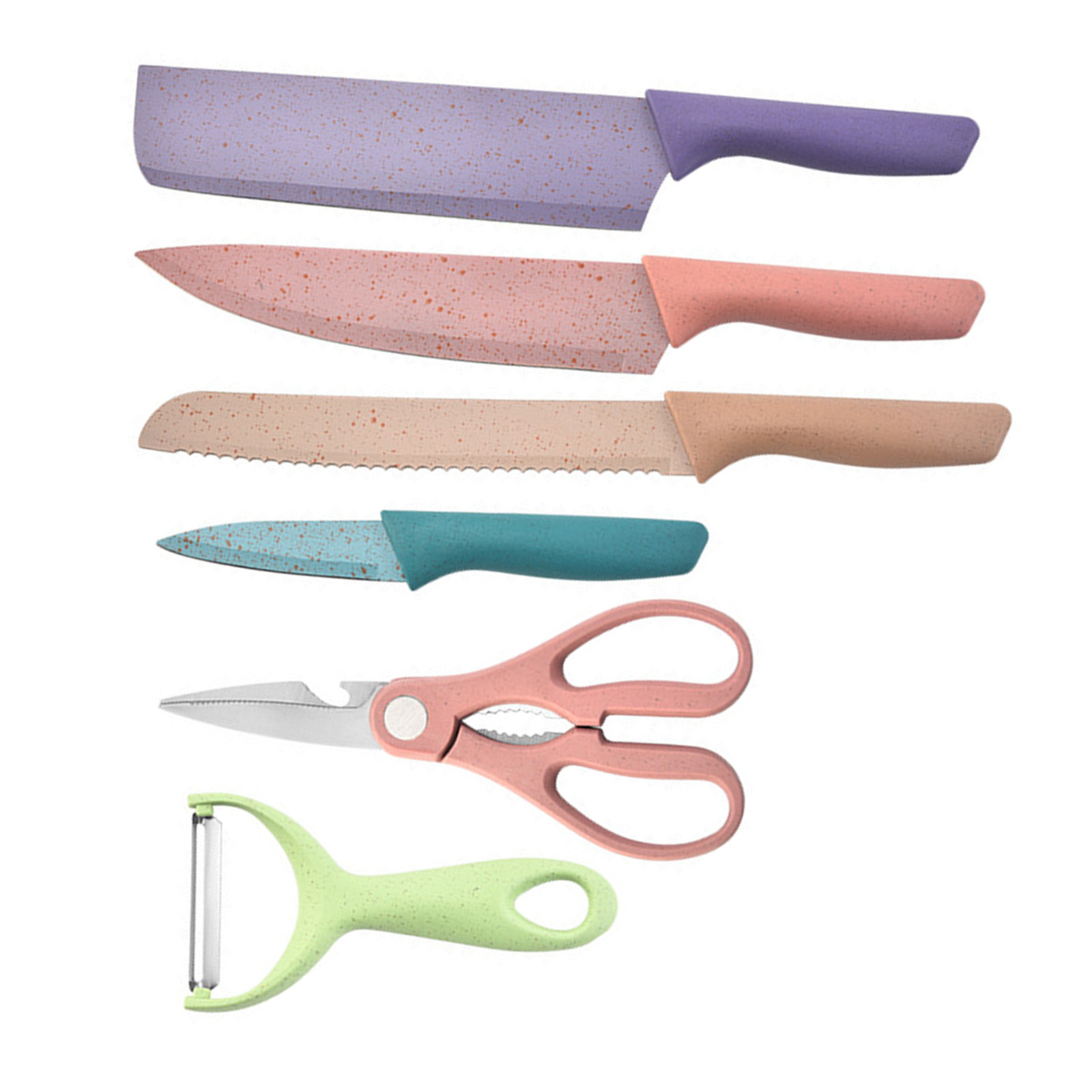 6-teiliges Set Aus Edelstahlmessern Mit Beschichteten Griffen Aus Weizenstroh, Vielseitiges Küchenmesser, Sparschäler Und Schere, 1,0 Mm Stärke, Geschenkbox