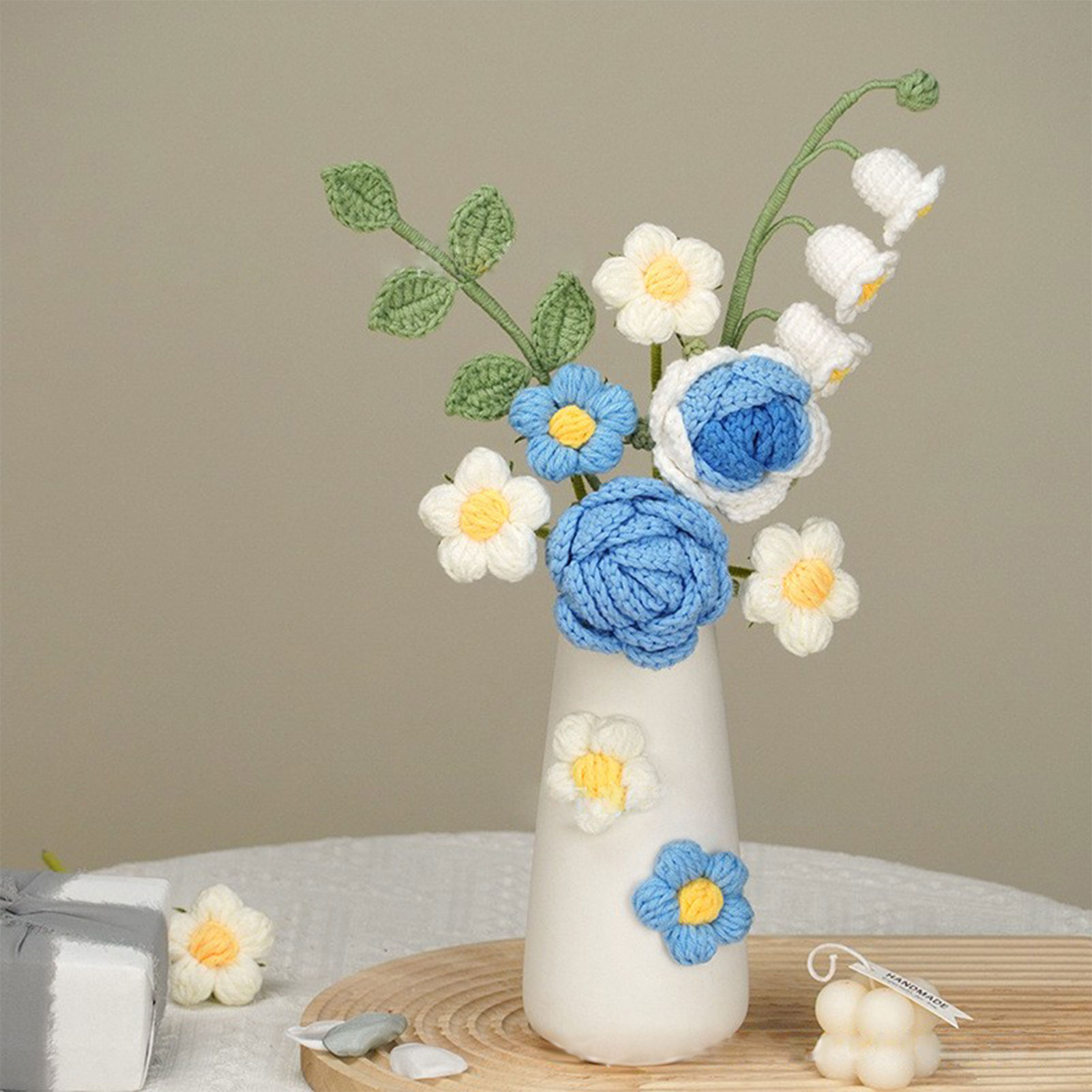 Handgefertigte Kunstblume Aus Wolle, Gehäkelt Und Gestrickt, Mit Keramikvase, Tischdekoration, Geschenk