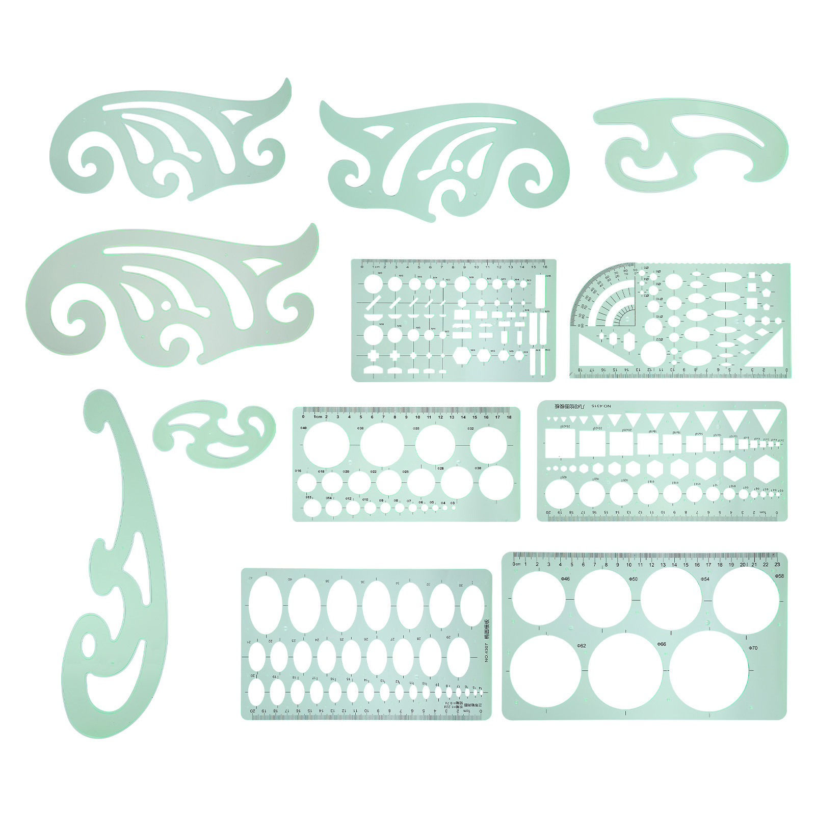 Set Mit 12 Multifunktionalen Zeichenschablonen, Geometrischem Messlineal Aus Kunststoff, Designzubehör