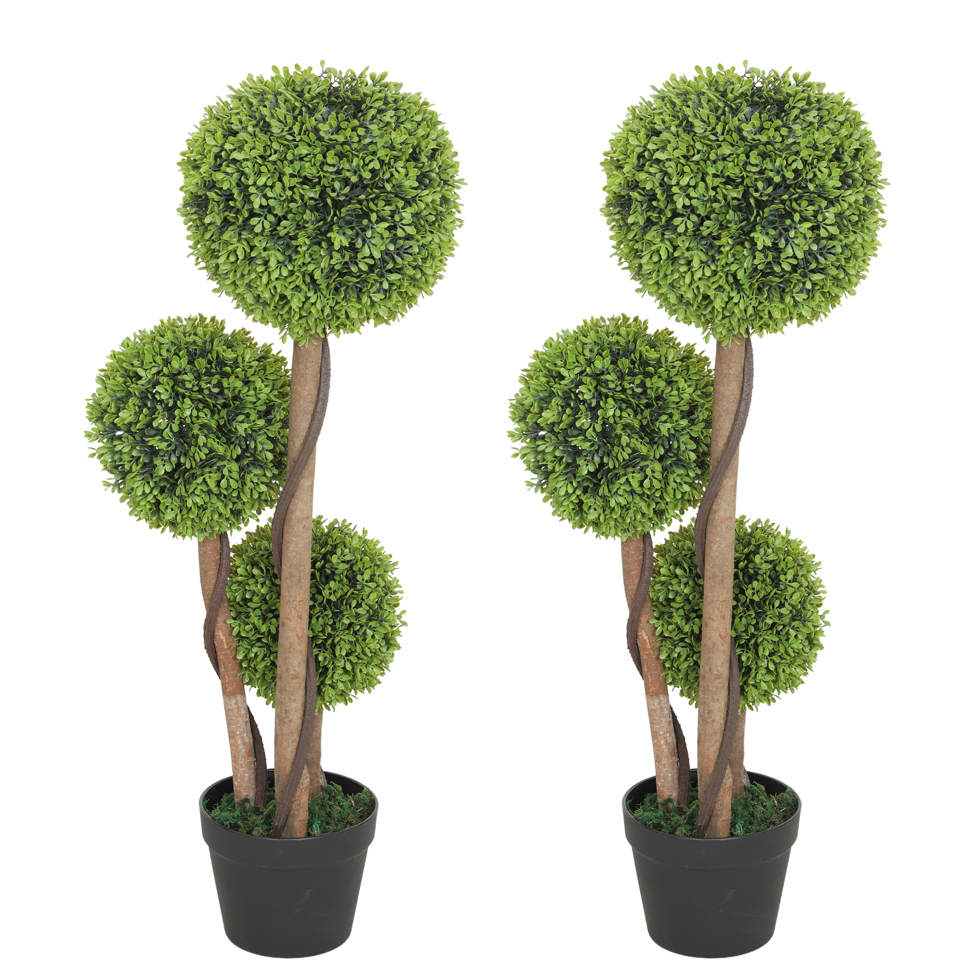 Set Mit 2 Künstlichen Buchsbäumen Mit Je 3 Kugeln, Inklusive Topf Und Verstärktem Sockel, Höhe 90 Cm, Für Den Innen- Und Außenbereich