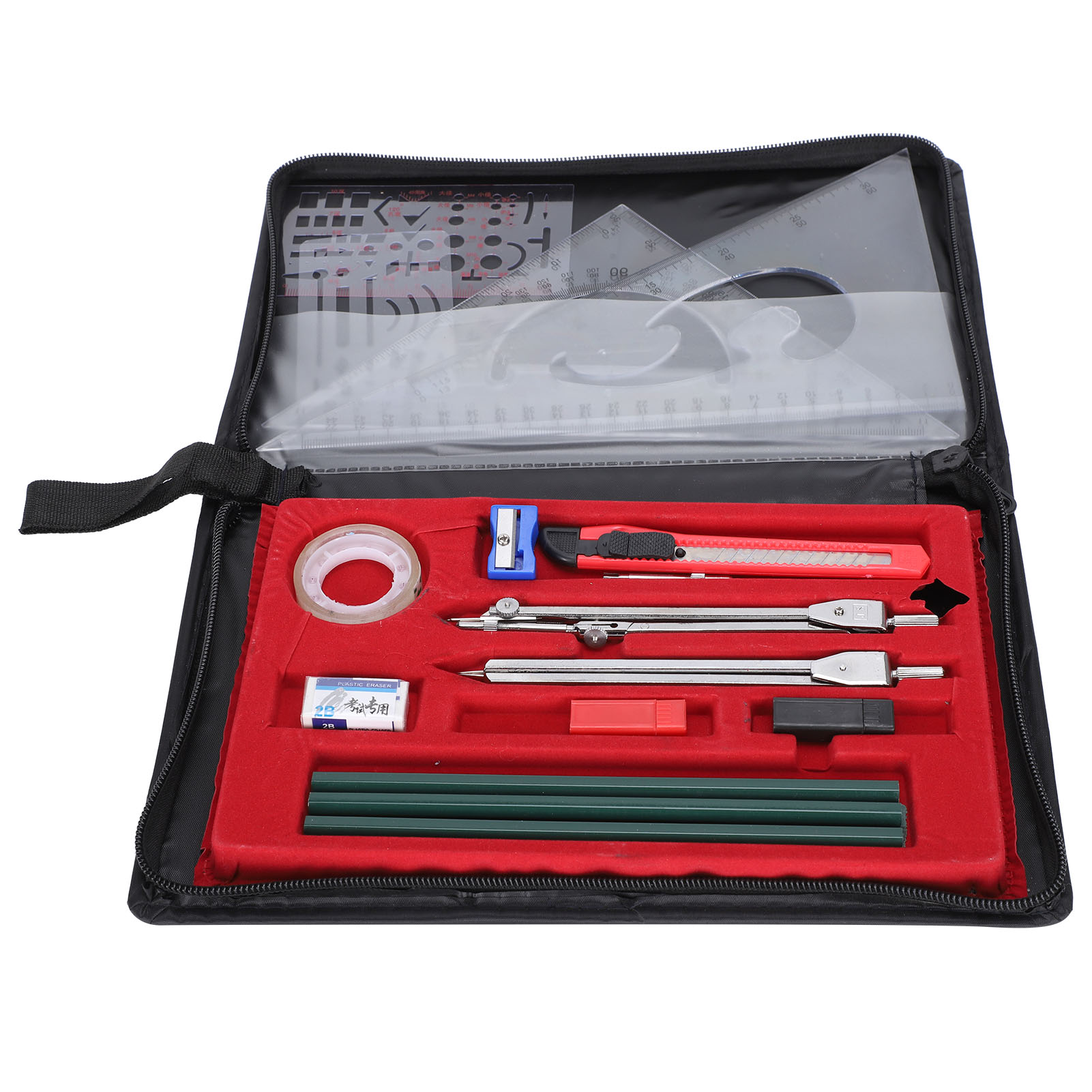 17-teiliges Geometrie-set, Schülerbedarf, Zirkel, Bleistifte, Lineale, Radiergummi, Zeichenset