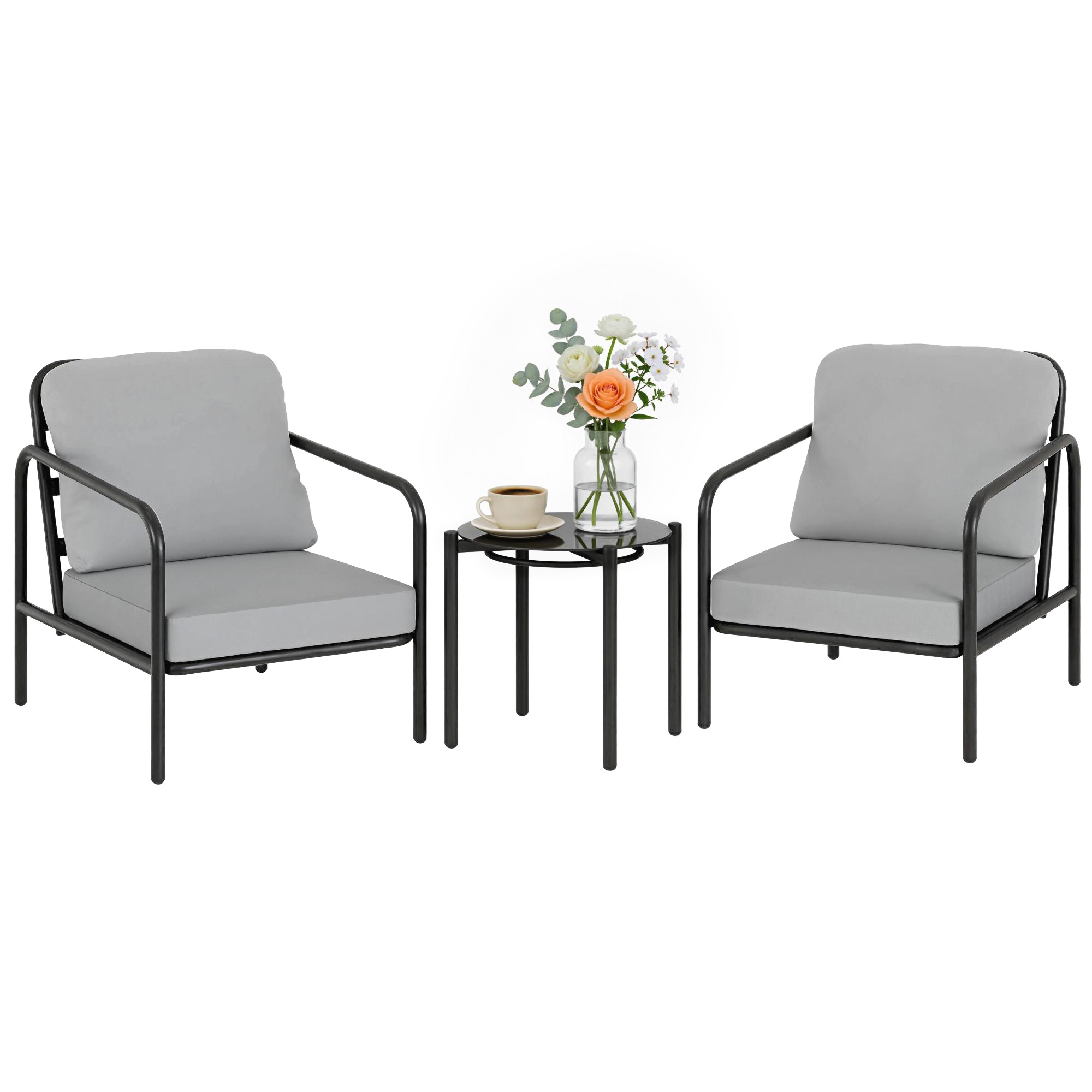3-teiliges Bistro-set Aus Stahl, 2 Stühle Mit Dicken Kissen, Tischplatte Aus Schwarzem Sicherheitsglas