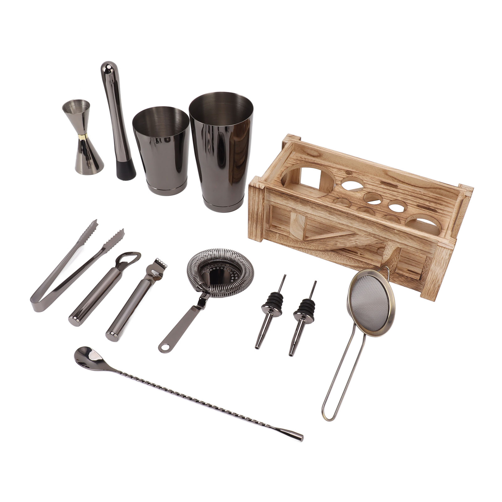 Rostfreies Cocktailshaker-set Aus Edelstahl, Barset Mit Holzständer, Spülmaschinenfest, Für Die Hausbar Oder Partys