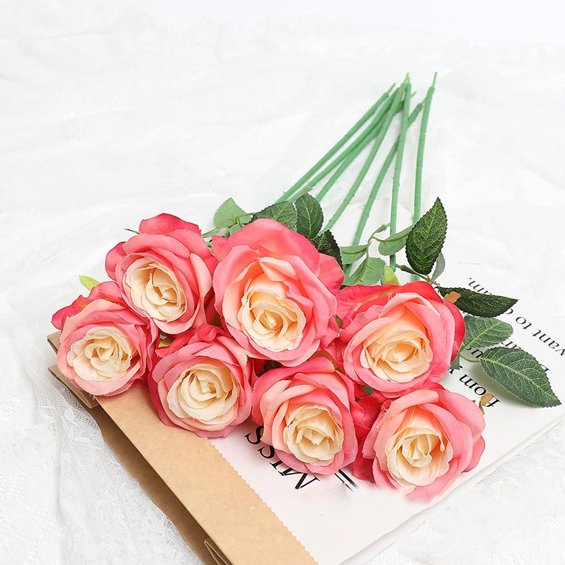 Künstliche Rosen, 5 Stück, Realistische Seidenblumen, Leuchtende Rosa Und Gelbe Farben, Langlebige Und Attraktive Blumendekoration Für Zuhause.
