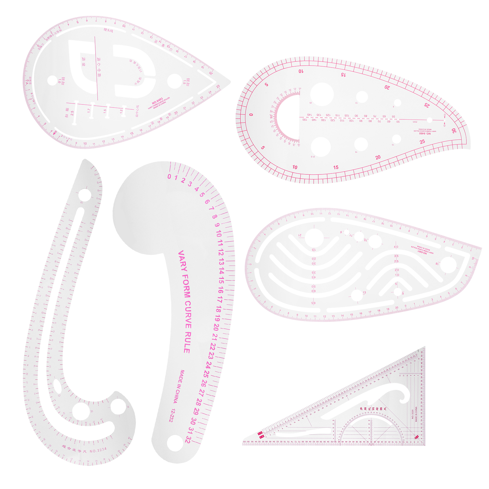 Set Mit 6 Multifunktionalen, Gebogenen Linealen Aus Flexiblem Kunststoff Zum Nähen, Abpausen Und Schnittmustererstellen