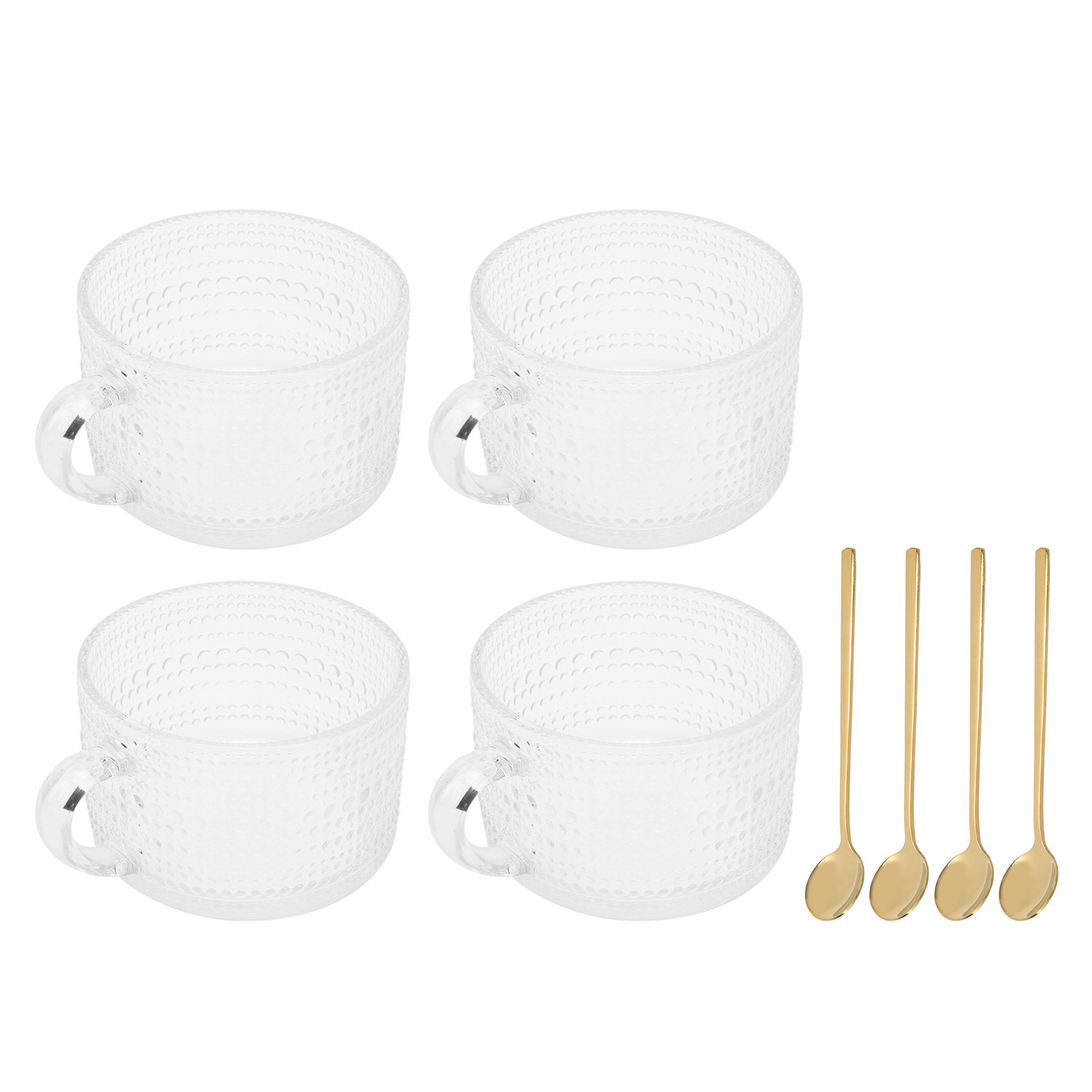 Glasbecher Im Nordischen Stil Mit Reliefmuster, Transparente Retro-frühstücksbecher Für Wasser, Milch Und Tee, 4-teilig, Wellenpunktmuster Mit 4 Löffeln