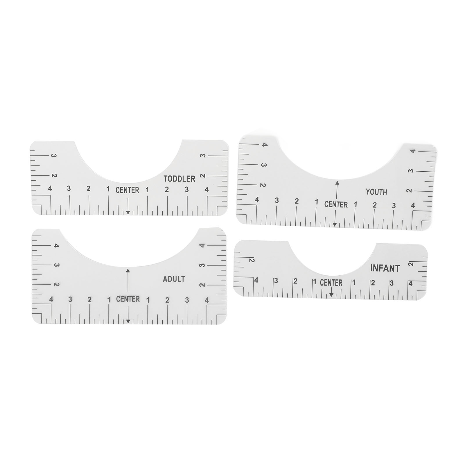 Set Mit 4 Recycelbaren T-shirt-linealen, Gut Lesbar, Praktische Daten Zum Zentrieren Von Designs Und Ausrichten Von Vinylfolien.