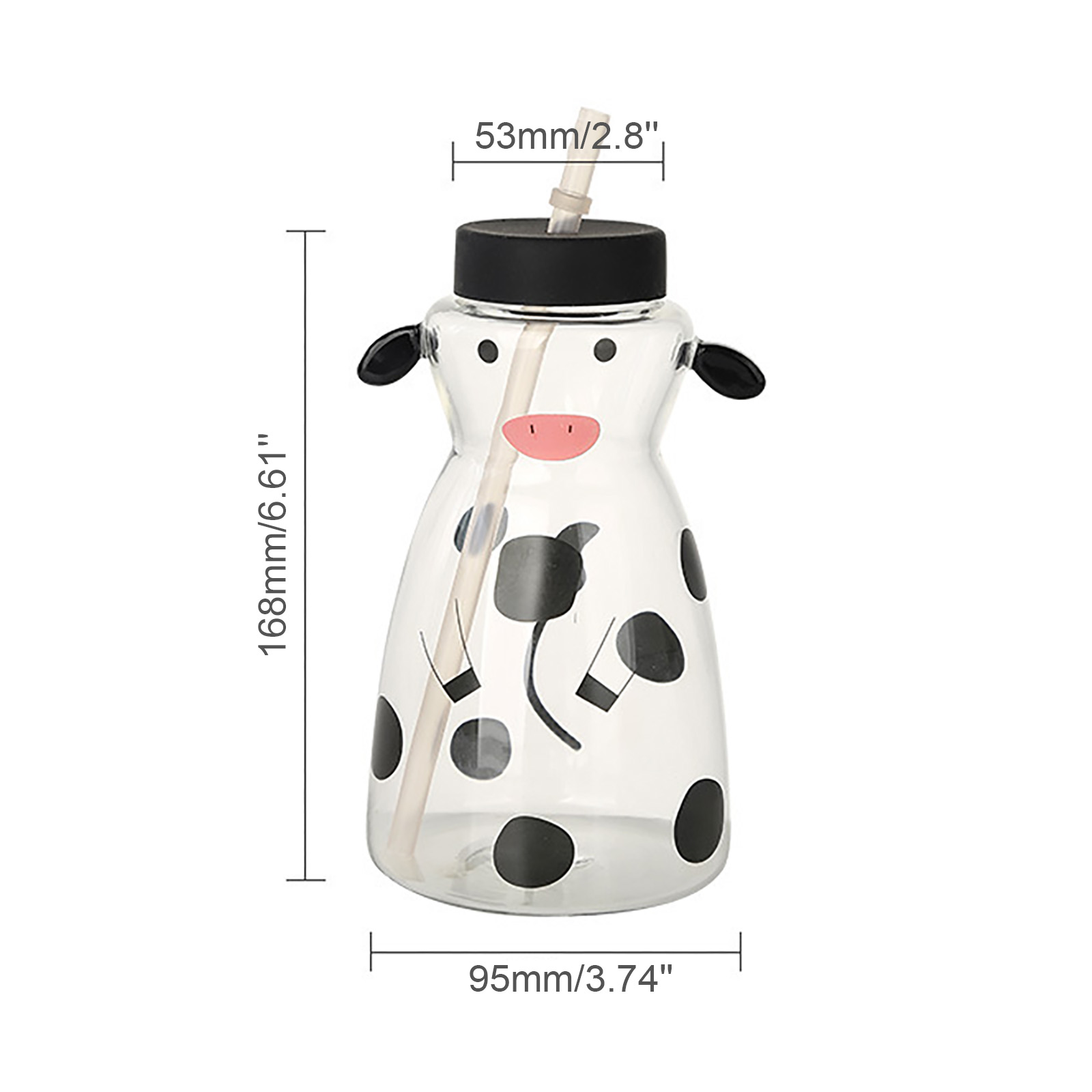 Kreativer 600-ml-glasbecher Mit Strohhalm, Kuhförmiger Trinkbecher