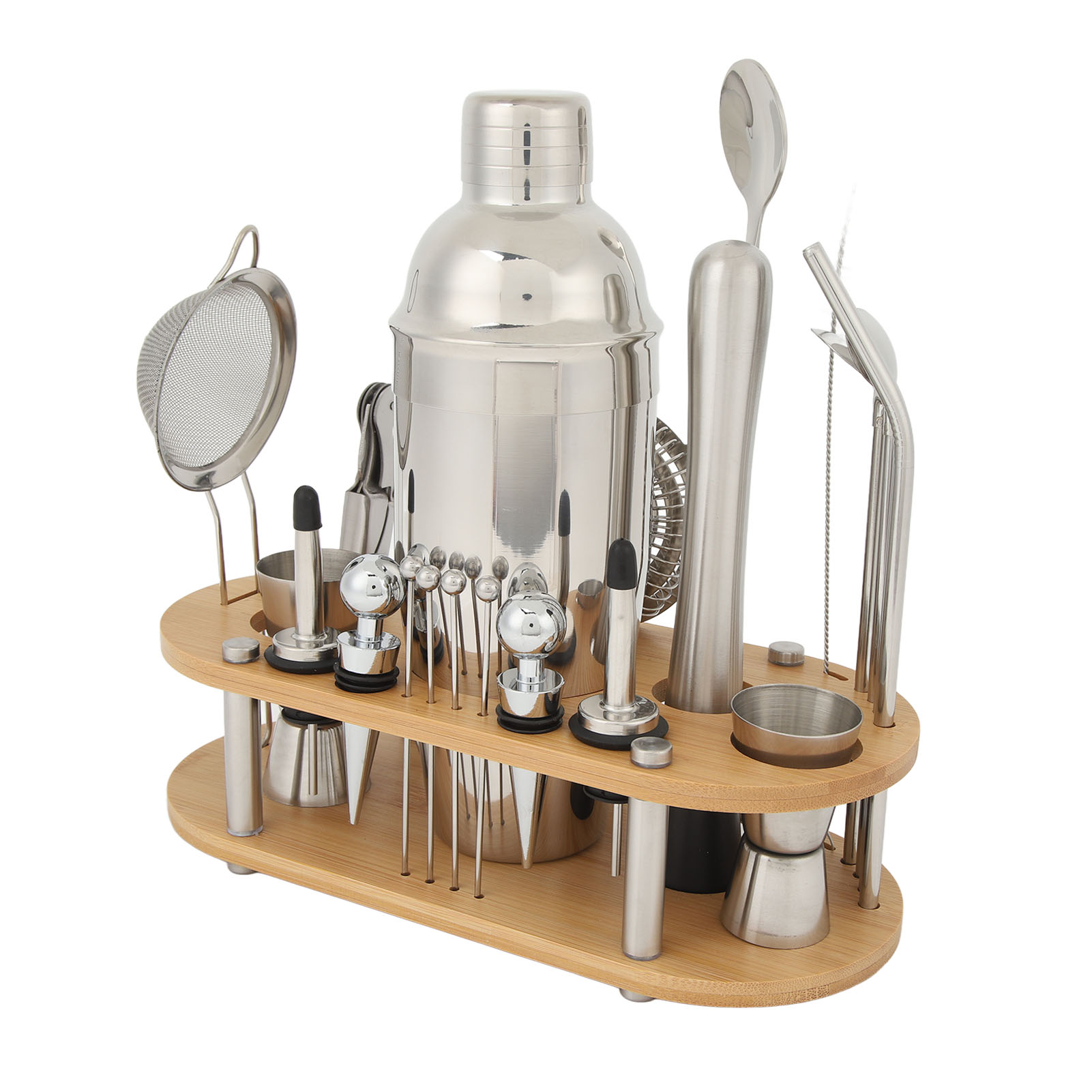 Cocktailshaker-set Aus Edelstahl, Multifunktionales Barset Mit Bambusständer Für Die Hausbar Und Partys