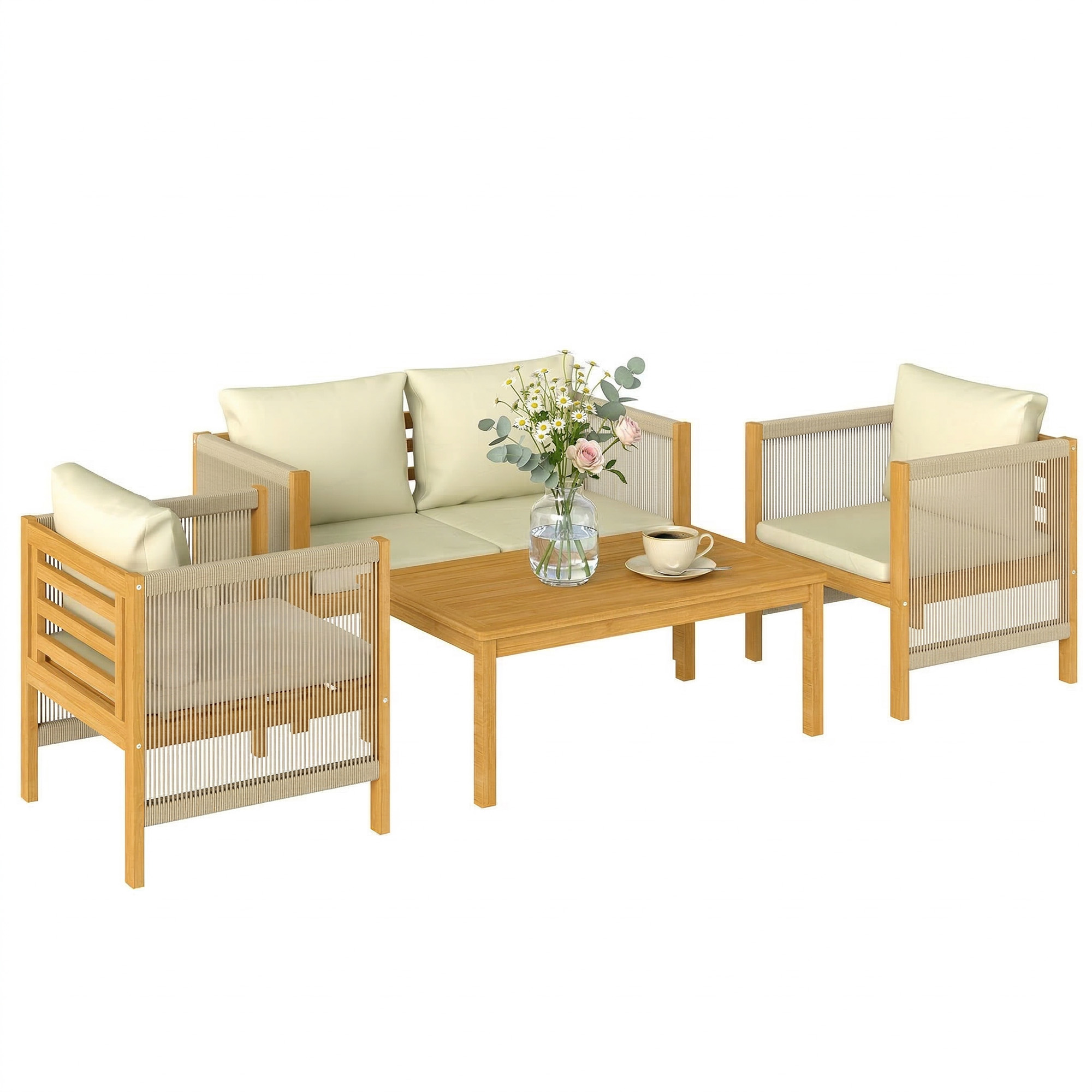 4-teiliges Gartenmöbelset Mit Sofa, 2 Sesseln Mit Kissen Und Couchtisch Aus Akazienholz