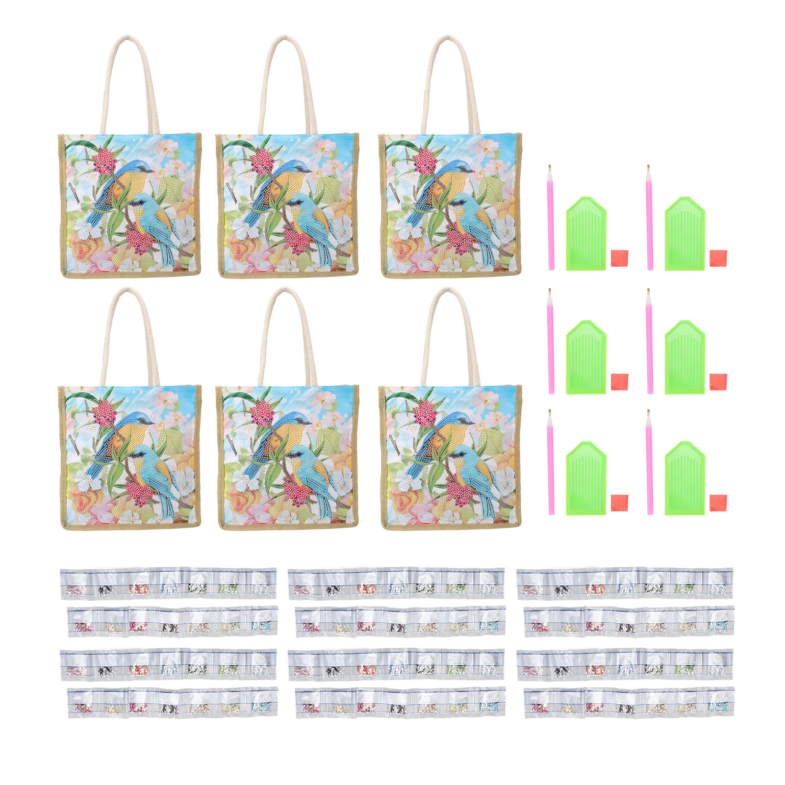 Diy 5d Strass-tragetasche, 6er-pack, Große Größe, Kristall-diamantmalerei, Wiederverwendbare Einkaufstasche, Geräumiges Fassungsvermögen