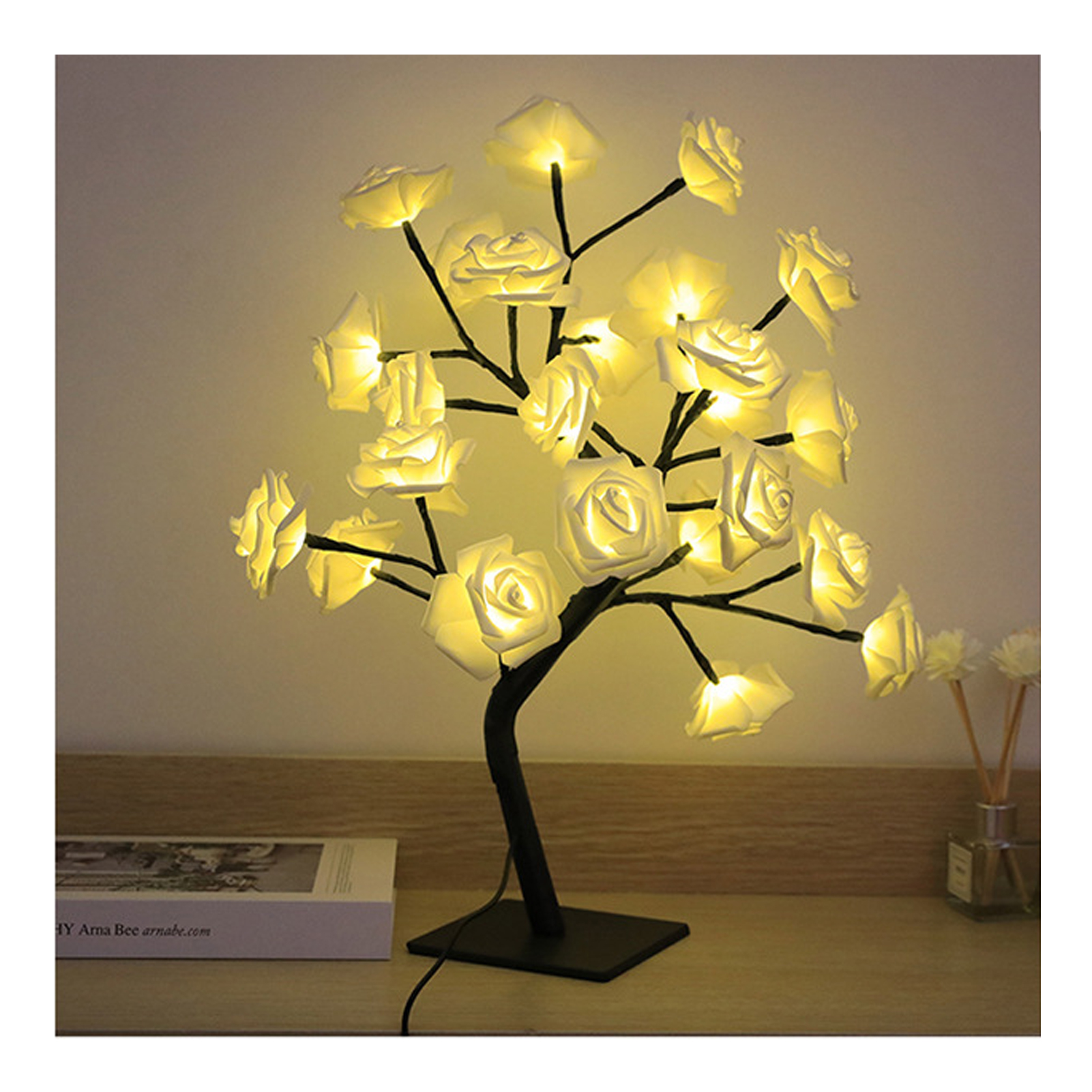 24-flammige Rosa Bonsai-led-tischlampe, Weihnachtsdekoration Fürs Schlafzimmer, Weißes Usb-nachtlicht