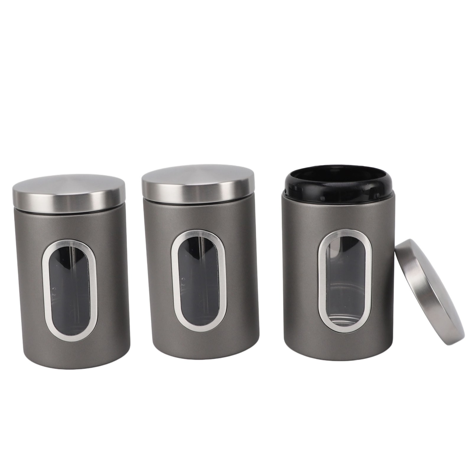 Set Aus 3 Luftdichten Edelstahl-aufbewahrungsbehältern Mit Sichtfenster Für Kaffee, Müsli Und Lebensmittel, Silbergrau, Küche