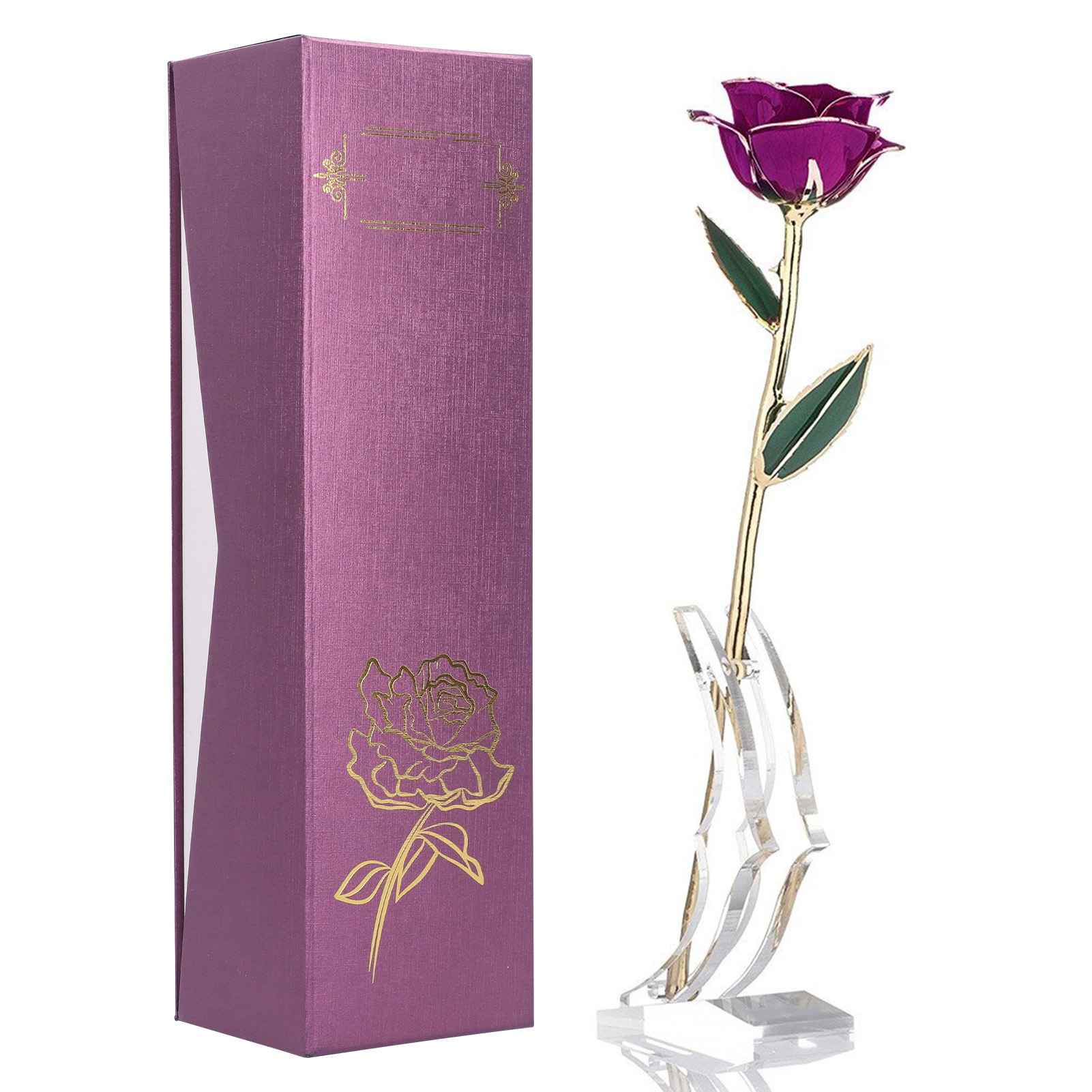 Konservierte, Echte Lila Rose, In 24-karätiges Gold Getaucht, Mit Ständer, Geschenk Zum Valentinstag, Jahrestag Oder Zur Hochzeit