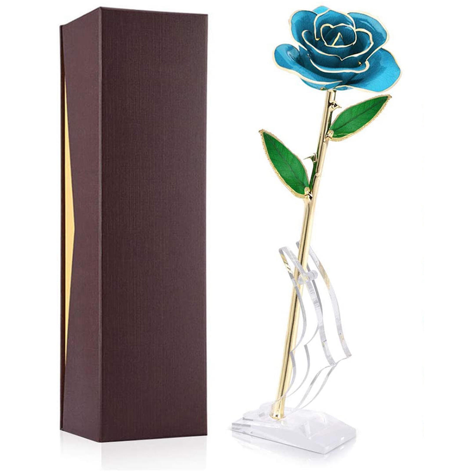 Langstielige, 24-karätig Vergoldete Blaue Rose In Einer Geschenkbox Mit Ständer.