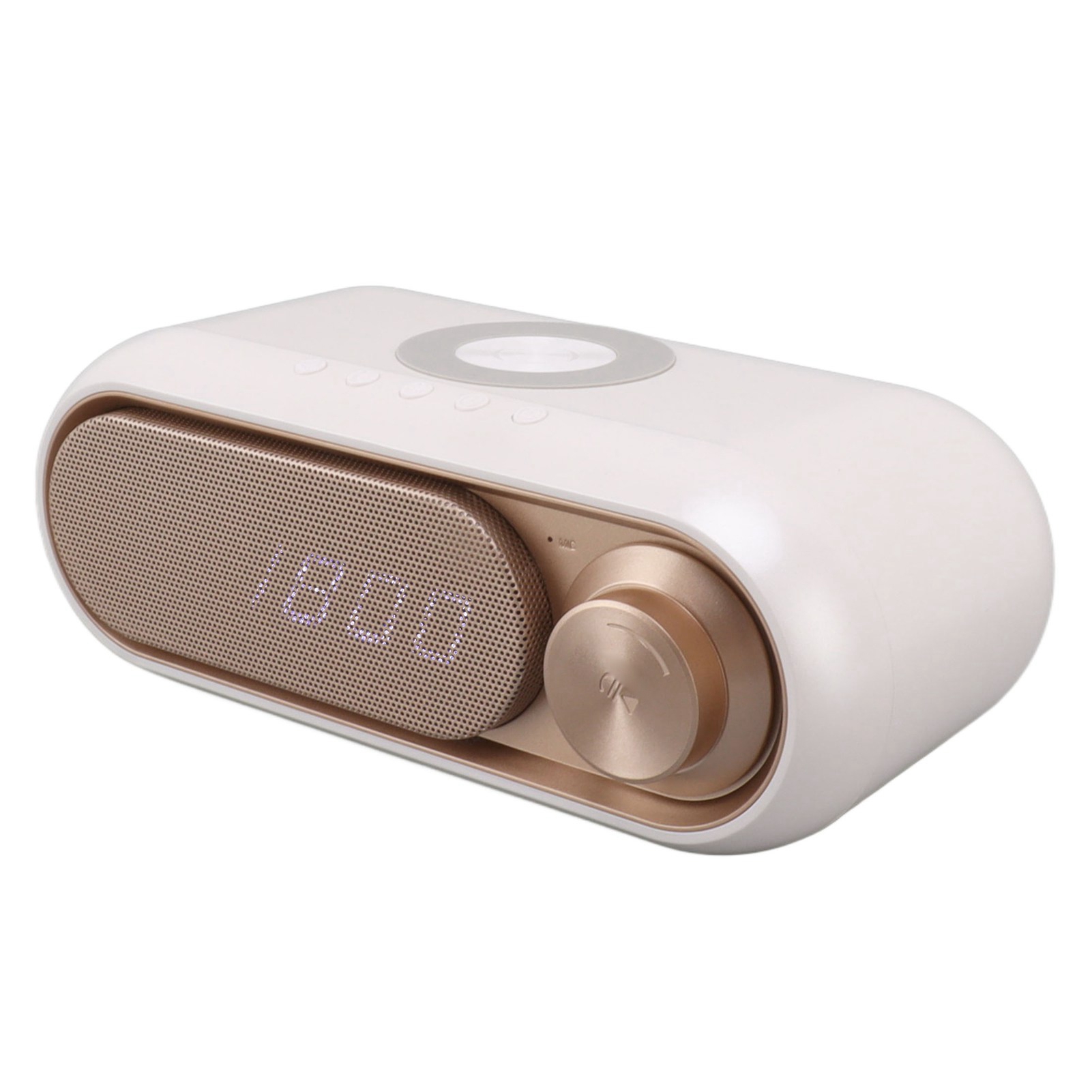 Bluetooth-radiowecker Mit Kabellosem Ladegerät, Digitalem Led-lautsprecher, Ukw-radio, 10-w-induktionsladung, Weiß Und Gold