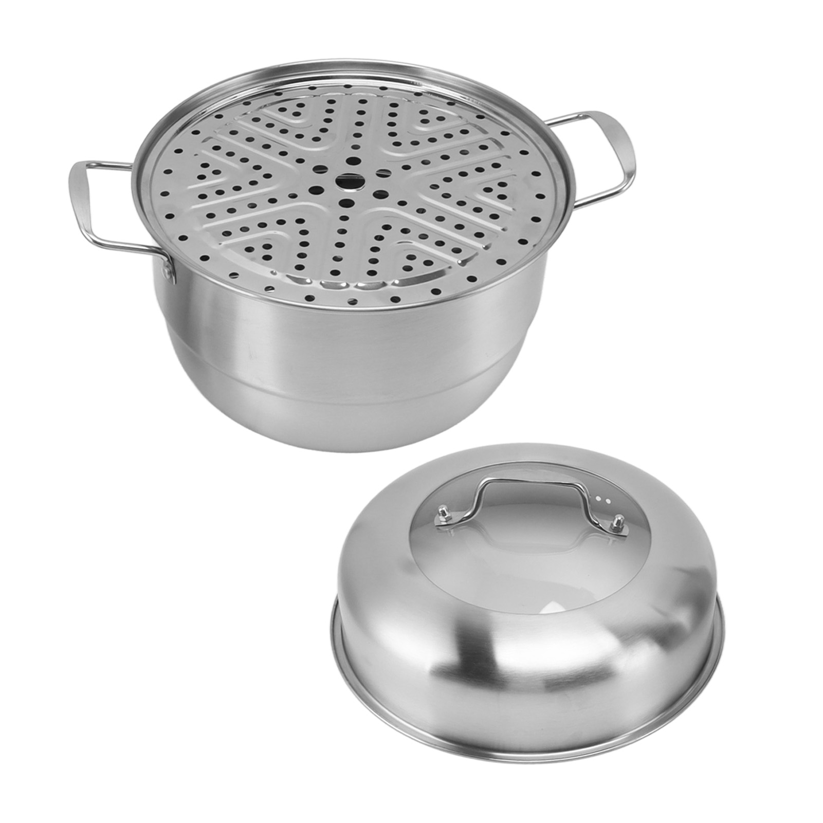 Dampfgarer Aus Edelstahl Mit Seitlichen Griffen, Robuste Mehrschichtkonstruktion, Deckel Aus Gehärtetem Glas, 2 Etagen