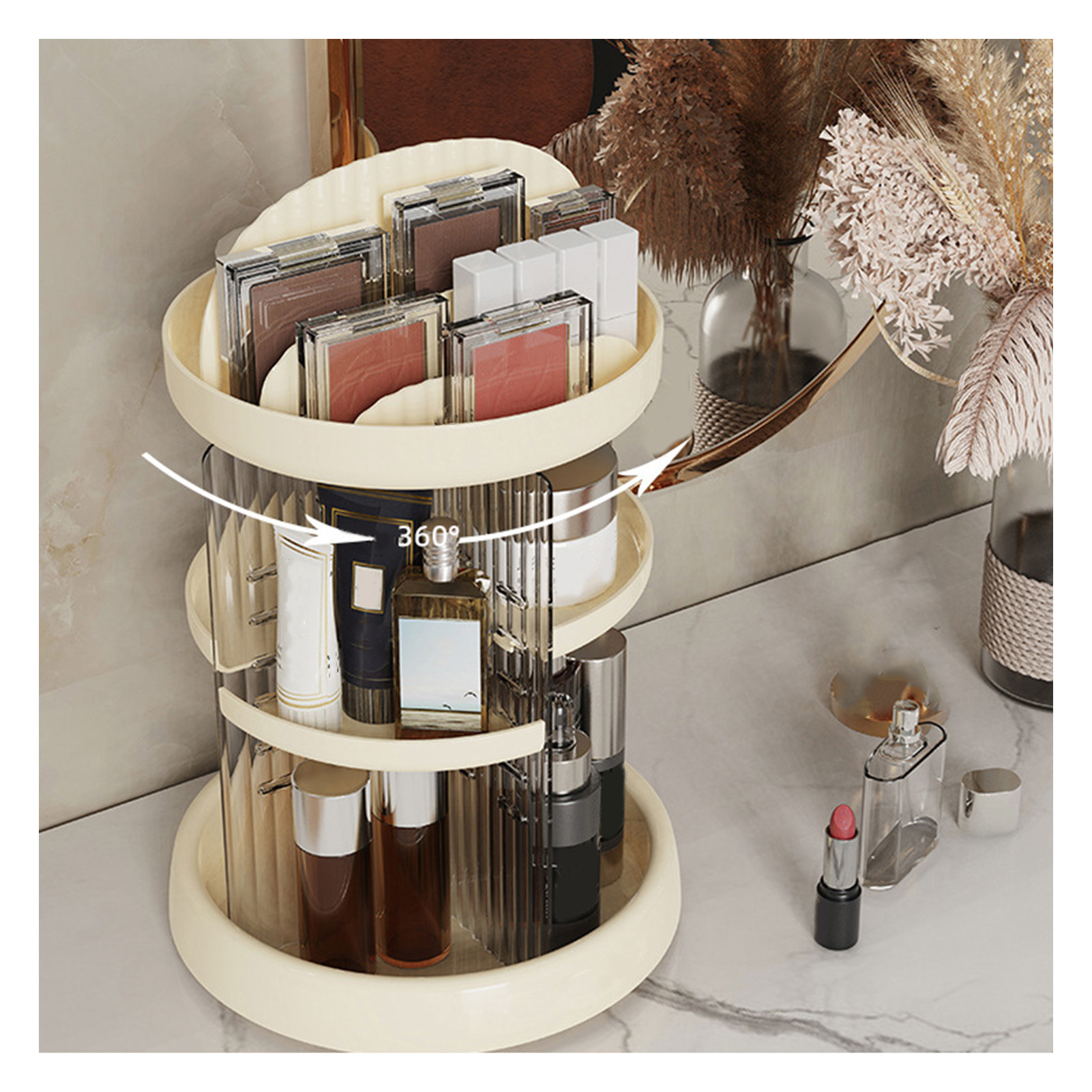 Drehbarer Kosmetikaufbewahrungsturm In Milchweiß, Mehrstufiger Make-up-organizer Für Büro Und Zuhause