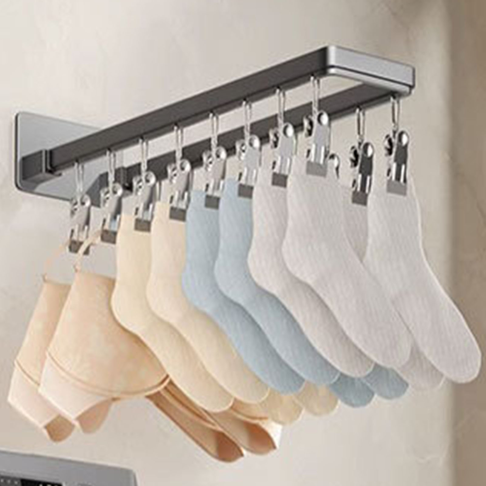 Zusammenklappbarer, Wandmontierter Sockenhalter, Windfester Clip Aus Zinklegierung, Wäscheständer Für Unterwäsche Und Handtücher, 16 Clips (43,3 Cm/17 Zoll)