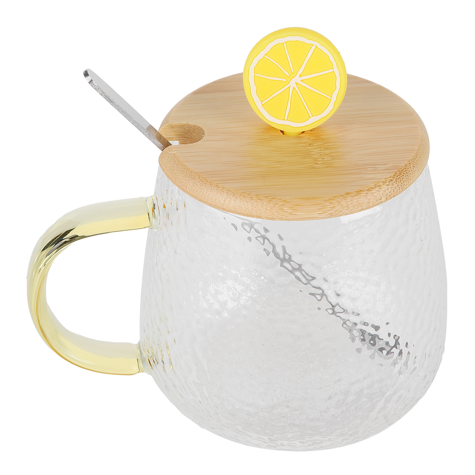 400-ml-becher Aus Borosilikatglas Mit Bambusdeckel Und Edelstahllöffel, Hitzebeständig, Zitrone