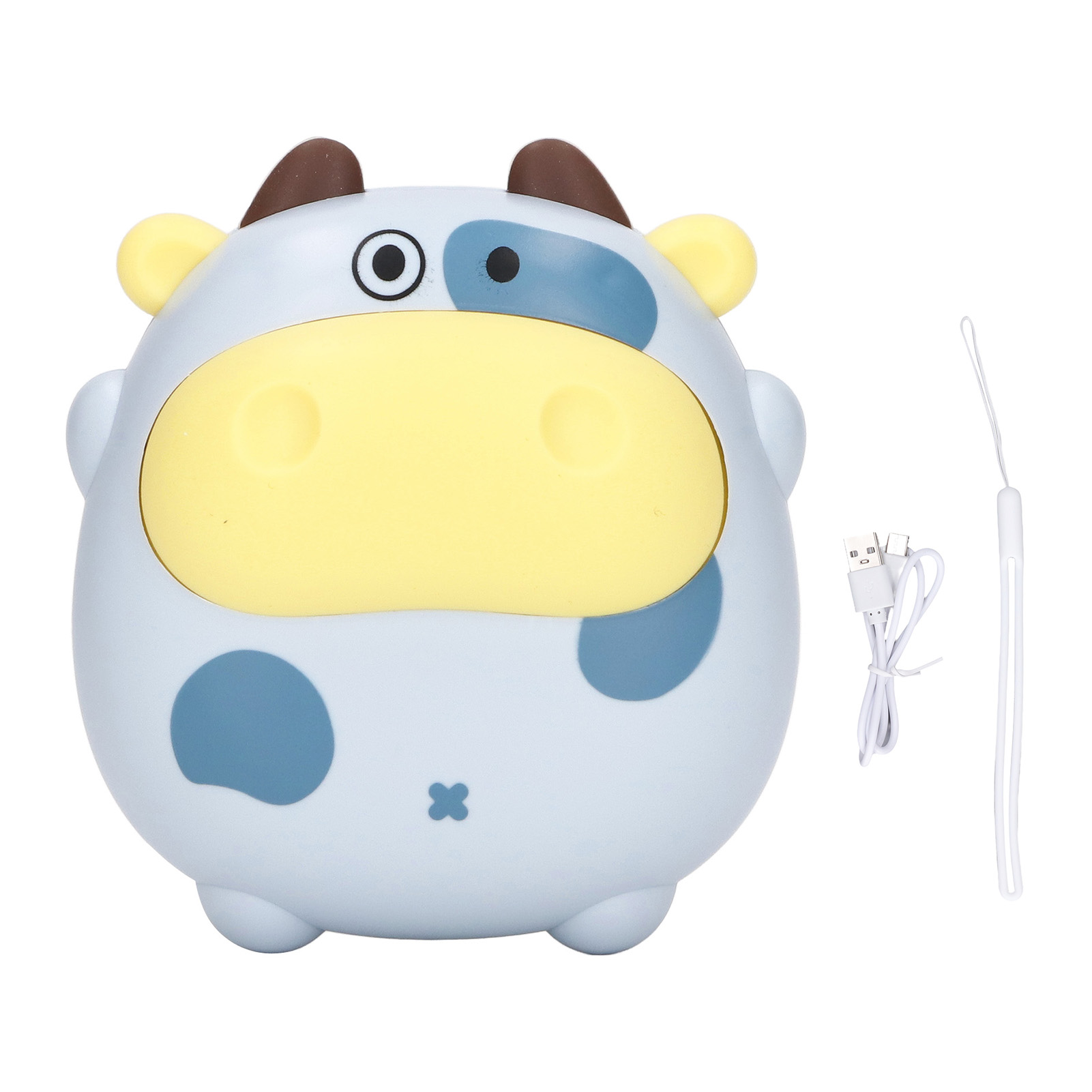 Wiederaufladbarer Usb-handwärmer Mit 2 Heizstufen, Kuhform Im Cartoon-stil Und Blauem Nachtlicht.
