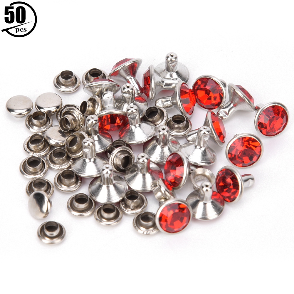 Set Mit 50 Strass-diamantnieten Für Leder, Taschen Und Kleidung, 8 Mm Verzierung, Silberner Rand, Roter Diamant